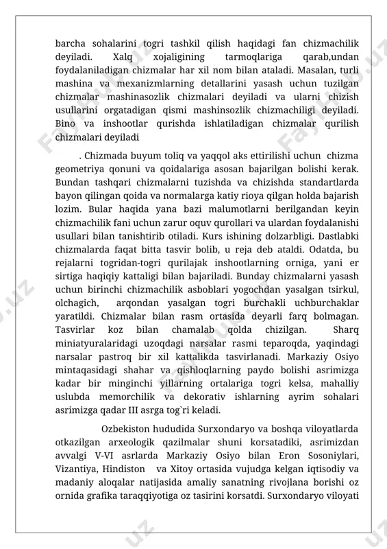 zuni maktab chizmachiligi kursiga kiritish zaruriyati foydasiga kamida ikkita dalil keltirish mumkin. birinchisi aksonometrik proeksiyalarning katta ta'limiy ahamiyati. avvalambor u fazoviy tasavvurni rivojlantirish va mashq qildirish uchun ajoyib vosita hisoblanadi. aksonometrik proeksiyalarni (hatto qo'lda bajariladigan texnik rasmlarni ham) bajarish buyum originalining xuddi geometrik skeletini ochganday uning fazoviy shakli va tuzilishini yaqqol tasvirlaydi va fazoviy tasavvur rivojlanishiga foydali yuklama beradi. aksonometrik proeksiya va texnik rasm bajarish ayniqsa o'zini rasm chizishga qobiliyatsiz deb hisoblab yurgan o'quvchilarda alohida qoniqish hosil qilishini sezish mumkin. texnik rasm (aksonometrik) fazoning uchta o'lchamida joylashgan tasvirlar haqidagi hamma axborotlarni bitta tasvirda aks ettiradi. buning natijasida bunday tasvir yuqori darajada yaqqol bo'lib, tasvir buyum shaklini to'liq tasavvur qilishda deyarli qiyinchilik tug'dirmaydi. ikkinchisi – yaqqol tasvirlarning katta o'quv qiymatidir. yaqqol tasvirlar xuddi real buyum va uning tog`ri burchakli proeksiyalari orasida bogʻlovchi bo'g'in sifatida xizmat qiladi. bu holda yaqqol tasvir va kompleks chizmalarni solishtirib chizmani o'qishga doir qator mashqlar tizimini tayyorlashga …