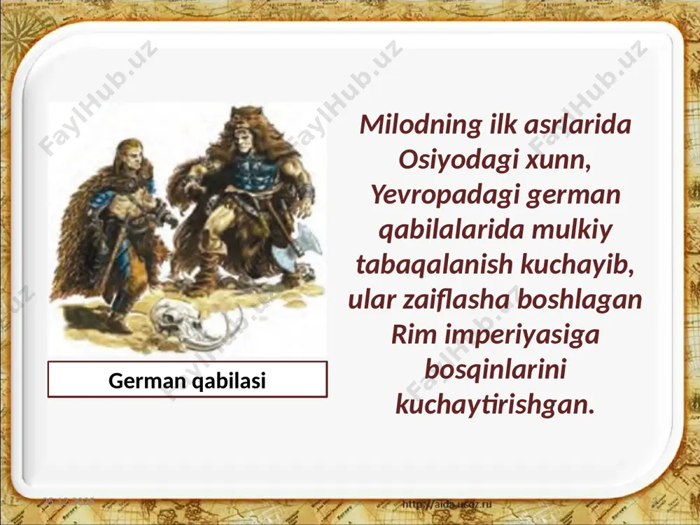 hlaganlar. 29.07.2019 11 v asr boshlarida pireney yarim oroli va galliyaning bir qismida dastlabki varvarlar davlati — vestgot qirolligi tashkil topdi. 29.07.2019 12 vestgotlar german qabilalari keyinchalik bosib olingan yerlarda: vandallar (shimoliy afrikada), ostgotlar (italiyada), franklar (galliyada), angl-sakslar (britaniyada) o‘z davlatlarini tuzgan. 29.07.2019 13 vandallar germenlar istilosi 476-yilda g‘arbiy rim imperiyasining qulashiga sabab bo‘lgan. 29.07.2019 14 yevropada yangi — feodal jamiyatiga o‘tish davri boshlangan. savol va topshiriqlar 1. yevropadagi buyuk ko‘chishlar davrida o‘rta osiyo, xususan, hozirgi o‘zbekiston hududiga qanday qabila va elatlar bostirib kirgan? 2. xaritadan german qabilalari yashagan hududlarni ko‘rsating. yozuvsiz xaritaga german qabilalari yashagan hududlarni tushiring. hozirgi paytda bu hududlar qaysi davlatlarga tegishli ekanligini aniqlang. 3. sizningcha, 1, 2, 3-rasmlarni mazmunan nima birlashtiradi? o‘sha davr haqida ma’lumot bering. 4. ilk o‘rta asr aholisi hayotidagi 3, 4-rasmlarda tasvirlangan narsalarning o‘rni va ahamiyatini izohlang. bu narsalar o‘lkamizda ham bo‘lganmi? 29.07.2019 15 image2.jpeg image3.emf image4.jpeg image5.jpeg image6.jpeg image7.emf image8.jpeg image9.jpeg image10.emf …