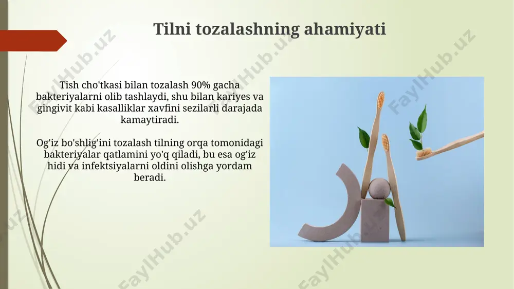 h kerak, chunki ular ko'pchilik bo'shliqlarga osongina kiradi va samarali tozalaydi. muntazam stomatolog nazorati muntazam tekshiruvlar tishlarning erta kariesini, gingivit yoki periodontit kabi yallig'lanish jarayonlarini aniqlash imkonini beradi, bu esa og'ir asoratlardan saqlaydi. 30 yoshdan oshgan bemorlar uchun muntazam stomatolog nazorati yiliga kamida 2 marta, periodontal kasalliklar xavfi yuqori bo'lganlarda esa har 3 oyda bir marta tavsiya etiladi. tishlarning oqligi va sog'lomligi uchun maslahatlar professional stomatologik tekshiruv va tozalashni har 6 oyda bir marta o'tkazish, tish toshlarini olib tashlash va muammolarni erta bosqichda aniqlashga yordam beradi, bu esa tishlaringizning uzoq muddatli sog'lig'ini ta'minlaydi. tishlaringizni kuniga kamida ikki marta, har bir cho'tka sessiyasida 2 daqiqa davomida yumshoq tukli cho'tka bilan tozalang, bu tishlaringizning emalini himoya qiladi va gingivitning oldini oladi. e'tiboringiz uchun rahmat @taqdimot_robot image1.jpg image2.jpg image3.jpg image4.jpg image5.jpg image6.jpg image7.jpg image8.jpg image9.jpg image10.jpg image11.jpg image12.jpg image13.jpg image14.jpg image15.jpg image16.jpg image17.jpg
