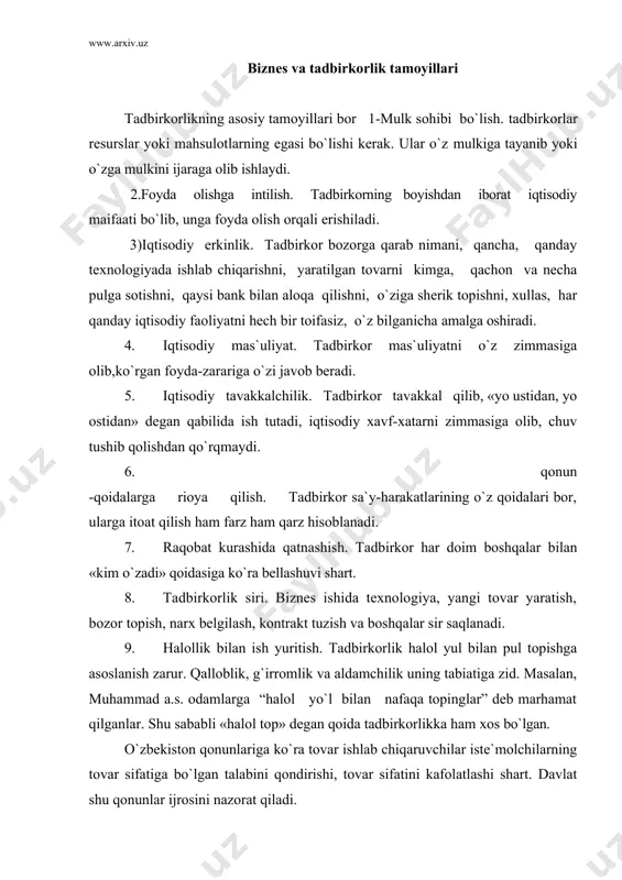 ». 10. nufuz (imij)ga ega bo`lish. nufuz xalq orasida, tadbirkorlar doirasida obro`-etiborli bo`lishni bildiradi. tadbirkor o`z sha`nini avaylashi, firma nomini e`zozlab, unga dog` tushirmasligi, yaxshi nom chiqarishi shart. 11. tadbirkorlikda o`z-o`zini boshqarish tartibi bor. davlat firma ishiga aralashmaydi, balki iqtisodiy siyosati bilan tadbirkorlarga ko`maklashadi, qonunlar orqali tadbirkorlik uchun sharoit yaratadi. masalan, o`zbekiston respublikasining qonunlariga ko`ra davlat tadbirkorlikni qo`llab-quvvatlaydi, tadbirkorlar mulkinipg daxlsizligiii ta`minlaydi. tadbirkorlik va mulk shakllari bozor iqtisodiyotining turli mulk shakllariga asoslanishini tadbirkorlikda yaqqol ko`rish mumkin. -insonga naf keltiruvchi har qandan ne`matlar albatta kimningdir mulki. faqat hech kimga kerak bo`lmagan narsaning egasi yo`q. bozor iqtisodiyoti kerakli narsani yaratib, uni bozor orqali iste`mol etishga asoslanar ekan, u albatta mulkchilikni talab qiladi. mulk moddiy va maishiy boyliklarni qonuniy ravishda va belgilangan tartibda kishilar tomonidai o`zlashtirish shaklidir. o`zlashtirish tartibini mulkiy huquq belgilaydi, u kimning mulkdor bo`lishi, mulkdan, foydalanish qoidalari, mulkni davlat tomonidan kafolatlash kabilarni belgilab qo`yadi. o`zbekistondagi mulk respublika konstitutsiyasi va mulkchilik to`g`risidagi …