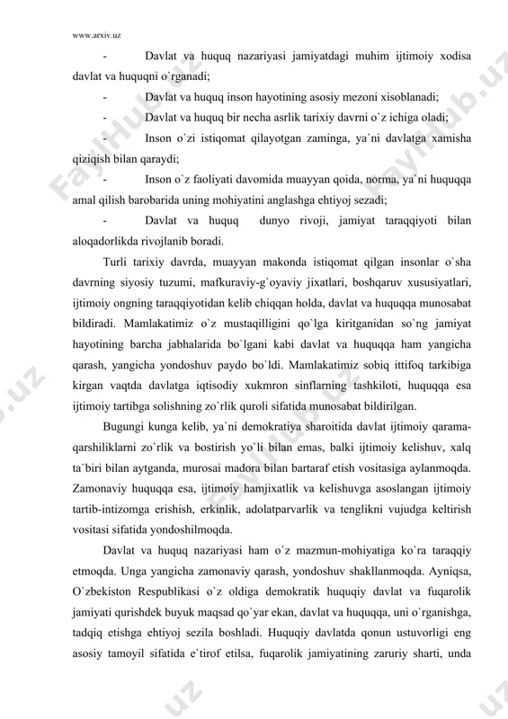 tadqiq etishga ehtiyoj sezila boshladi. huquqiy davlatda qonun ustuvorligi eng asosiy tamoyil sifatida e`tirof etilsa, fuqarolik jamiyatining zaruriy sharti, unda yashayotgan fuqarolarning yuksak huquqiy ongi va madaniyati, huquqlardan habardorlik darajasi hamda huquqqa nisbatan chuqur hurmatda ifodalanadi. bu tushunchalar albatta, davlat va huquq nazariyasining obyekti xisoblanadi. bundan shunday xulosaga kelish mumkinki, davlat va huquq nazariyasi zamonaviy, dunyo taraqqiyoti, sivilizatsiya bilan hamohang harakatlanuvchi muhim ijtimoiy fan sifatida maydonga chiqadi. davlat va huquq nazariyasi nafaqat mamlakatimizda, balki jahon hamjamiyatida yangilanish va yuksalishni о`z boshidan kechirmoqda. chunki, dunyo jadallik bilan rivojlanmoqda. davlatga munosabatni, davlatni boshqarishni, davlat mohiyatining anglashni zamonaviy kо`rinishlarini vujudga kelayotganligi muhim ijtimoiy hodisa xisoblangan - davlatning rivojlanayotganligi bildiradi. davlat va huquqning paydo bо`lishi va rivojlanishidagi umumiylik, о`zaro aloqadorlik о`z navbatida davlat bilan bir qatorda huquq ham jadallik bilan takomillashib borayotganligidan dalolat beradi. huquqqa liberal yondoshuv, uning insonlar hayotiga yanada yaqinlashayotgani, ularning manfaatlarini yanada mukammal aks ettirayotganligina namoyon etmoqda. insoniyat ongi va tafakkurining …