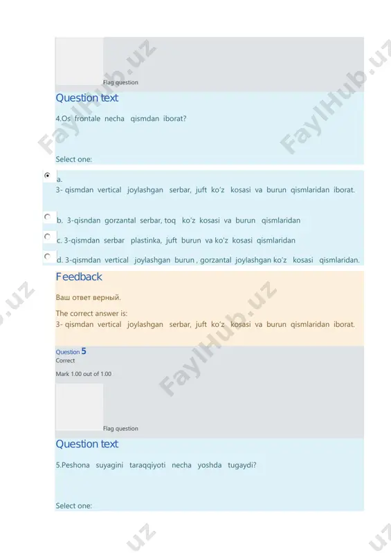 go orbitalis va margo frontali. feedback ваш ответ верный. the correct answer is: margo squamosu, margo zygomaticu, margo parietali va margo frotali. question 11 correct mark 1.00 out of 1.00 flag question question text os temporal qaysi suyak bilan bo’g’im hosil qilib birikadi? select one: a. pastki jag’ suyagi bilan. b. orqa ensa suyagi bilan. c. so’rg’ichsimon suyak bilan. d. yuqorgi jag’ suyagi bilan. feedback ваш ответ верный. the correct answer is: pastki jag’ suyagi bilan. question 12 correct mark 1.00 out of 1.00 flag question question text os temporale necha qismdan iborat? select one: a. 3 qismdan palla, nog’ora va piramida. b. qismlarga bo’linmaydi. c. 4 - qismdan palla, nog’ora, piramida yoki toshsimon va so’rg’chsimon qismlardan. d. 2 qismdan palla va nog’ora. feedback ваш ответ верный. the correct answer is: 4 - qismdan palla, nog’ora, piramida yoki toshsimon va so’rg’chsimon qismlardan. question 13 correct mark 1.00 out of 1.00 …
