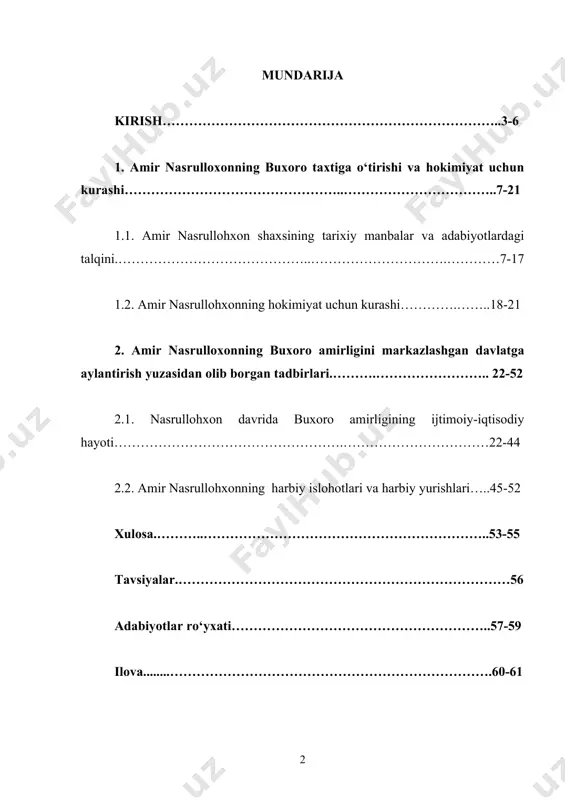 a amaliy jihatdan tadqiq etish dolzarb vazifalardan biriga aylanmoqda. respublikamiz prezidenti i.a.karimov ta’bi​ri bilan aytganda: “o‘zlikni anglash tarixni bilishdan boshlanadi. isbottalab bo‘lmagan ushbu haqiqat davlat siyosati darajasiga ko‘ta​rilishi zarur” . o‘zbekiston davlatchiligi boy tarixga ega bo‘lib, uning uzoq davrlar davomida tarkib topgan nazariy tajribalarini za​monaviy, demokratik qadriyatlar bilan uyg‘unlashtirish va jamiyatimiz turmushida ulardan yanada kengroq va samaraliroq foy​dalanish hozirgi kunda dolzarb vazifalardan biridir. shu bois, xalqimizning boy ilmiy-ma’naviy merosini, xususan milliy dav​latchiligimiz tarixida o‘ziga xos davr hisoblangan amir nasrullohxonning buxoro amirligi ichki va tashqi siyosatida tutgan o’rnini o’rganishni milliy istiqlol mafkurasi talablari​dan kelib chiqqan holda o‘rganishga, hozirgi kunda o‘zbekiston tarixi fani oldida turgan eng muhim masalalaridan biri sifatida qaralmoqda. shu bois, buxoro amirligi tashkil topi​shi davridagi ijtimoiy – siyosiy shart-sharoitlar, buxoro amirligi​ning shakllanish va rivojlanish bosqichlari, buxoro amirligi mar​kaziy va mahalliy boshqaruv amirlikda amalga oshirilgan tashqi siyosiy va diplomatik munosabatlar, amir nasrulloning harbiy, boshqaruv, diplomatik aloqalari va uning o‘ziga xos …