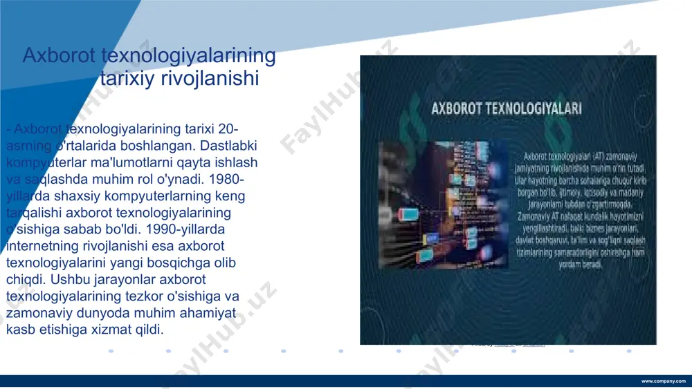 lashda foydalaniladi. sun'iy intellekt, mashinalarga inson kabi fikrlash va qaror qabul qilish imkonini beradi. narsalar interneti esa, turli qurilmalarni tarmoqqa ulab, ularning bir-biri bilan aloqa o'rnatishiga imkon beradi. ushbu texnologiyalar, kundalik hayotimizni osonlashtirish va samaradorligini oshirishda muhim ahamiyatga ega. www.company.com raqamli texnologiyalar va axborot xavfsizligi raqamli texnologiyalarning rivojlanishi bilan birga xavfsizlik muammolari ham ortib bormoqda. bular orasida ma'lumotlarni o'g'irlash, kiberhujumlar va shaxsiy ma'lumotlarning himoyasizligi kabi muammolar mavjud. xavfsizlikni ta'minlash uchun bir qancha usullarni qo'llash mumkin: avvalo, kuchli parollarni ishlatish, muntazam yangilanishlar o'tkazish va antivirus dasturlardan foydalanish muhimdir. shuningdek, foydalanuvchilarni kiberxavfsizlik bo'yicha o'qitish va ogohlikni oshirish zarur. raqamli texnologiyalar orqali axborot xavfsizligini oshirish uchun shifrlash, ikki bosqichli autentifikatsiya va xavfsiz tarmoq protokollaridan foydalanish tavsiya etiladi. www.company.com xulosa 1. axborot texnologiyalari axborotni yig‘ish, saqlash va tarqatishda muhim rol o'ynaydi 2. ularning tarixiy rivojlanishi, shaxsiy kompyuterlar va internetning paydo bo'lishi bilan bog'liq. 3. zamonaviy axborot texnologiyalari ta'lim, sog'liqni saqlash va biznesda keng qo'llanilmoqda. …