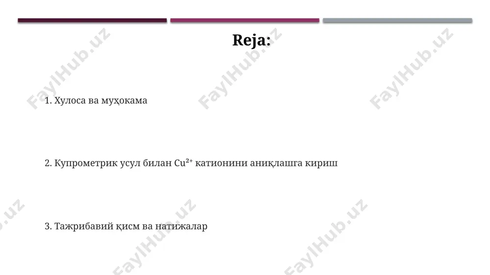 sh uchun, o'rtacha qiymat (n=3) va standart deviatsiyani hisoblash orqali natijalarni aniqlash mumkin, bu esa ±0.05 % gacha aniqlikka erishish imkonini beradi. кулонометрик titrlash davomida o'tkazilgan zaryad miqdori (kulonlarda) faraday qonunidan foydalanib, cu²⁺ kationining konsentratsiyasi (mol/l) ni hisoblash uchun ishlatiladi, bu yerda f = 96485 кл/mol. olingan natijalarni ishonchlilik darajasini baholash uchun standart og'ish va nisbiy standart og'ish kabi statistik parametrlar hisoblanadi. odatda, 3 parallel tajriba o'tkaziladi. natijalar va muhokama olingan natijalar cu²⁺ ionining konsentratsiyasi 0,01m eritmada 98,5 ± 0,5% aniqlik bilan aniqlanganligini ko'rsatdi, bu usulning yuqori aniqligidan dalolat beradi. faraday qonunidan foydalanib hisoblangan cu²⁺ ionlarining miqdori tajriba natijalari bilan 0,99 korrelyatsiya koeffitsiyenti bilan mos keldi, bu usulning ishonchliligini tasdiqlaydi. elektroliz vaqti 15 daqiqaga yetganda to'liq elektrolit jarayoni sodir bo'ldi va tok kuchining o'zgarishi minimal bo'ldi, bu esa jarayonning tugashini bildiradi. xatolar va ularning sabablari kuchlanishning beqarorligi, masalan, quvvat manbai tebranishlari tufayli, 0.1 a dan ortiq oqim o'zgarishiga olib kelishi …