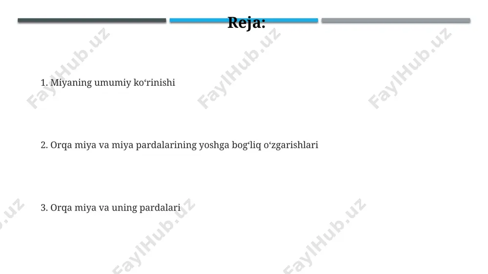 , bu esa umurtqa pog'onasining torayishi va umurtqa disklarining degenerativ o'zgarishlarining natijasidir, bu esa qarish bilan bog'liq og'riqlarga sabab bo'ladi, masalan, bel og'rig'i kabi. orqa miya suyuqligi ishlab chiqarishning pasayishi, 60 yoshdan keyin kuzatiladi, bu esa orqa miya atrofidagi bosimning o'zgarishiga va qon aylanishining buzilishiga olib kelishi mumkin, ayniqsa, servikal mintaqada. orqa miya va uning pardalari orqa miya meninglari – dura mater, araknoid va pia mater – miya suyuqligi bilan toʻlgan subaraknoid boʻshliqni hosil qilib, orqa miyani mexanik shikastlanishlardan himoya qiladi va masalan, toshkent shahridagi neyroxirurgiya markazlarida bu tuzilmalar muntazam tekshiriladi. orqa miya kanalining diametri tugʻilishda taxminan 4-5 mm ni tashkil etadi va yosh oʻtishi bilan, ayniqsa, 60 yoshdan keyin, osteoxondroz va boshqa degenerativ oʻzgarishlar natijasida torayishi mumkin. orqa miya 31 juft segmentdan iborat boʻlib, har bir segmentidan ikkita orqa miya nervi chiqadi va ular tananing turli qismlariga impulslarni uzatadi, masalan, qoʻl va oyoqlarga. miyaning umumiy koʻrinishi miyaning o'rtacha og'irligi …