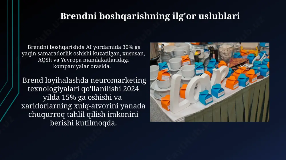 ing yangi kanallari brendni targ'ib qilishda interaktiv o'yinlardan foydalanish, masalan, 2024 yilda chiqadigan mobil o'yinlarda reklama joylashtirish, 15% ga ko'proq mijozlarni jalb qilish imkonini beradi. brendni targ'ib qilishda tiktok kabi 1 milliarddan ortiq foydalanuvchiga ega ijtimoiy media platformalaridan samarali foydalanish, ayniqsa, yoshlar orasida 30% ga yaqin o'sishni ta'minlaydi. e'tiboringiz uchun rahmat @taqdimot_robot image1.jpg image2.jpg image3.jpg image4.jpg image5.jpg image6.jpg image7.jpg image8.jpg image9.jpg