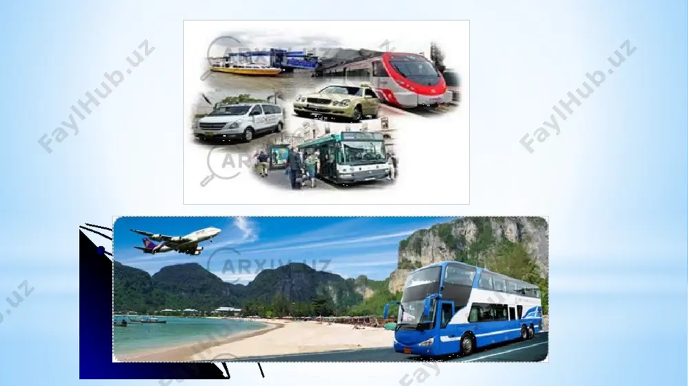 ojxona rasmiylashtiruvi uchun yig‘imlardan tashqari) ozod etilsin. o‘zbekistonda ichki turistlarga transportda yo‘lovchilarga xizmat ko‘rsatishni asosan ikki turga bo‘lib o‘rganishimiz mumkin. birinchi. transportda yo‘lovchilarni avtotransport, temir yo‘l va aviatashuvlarda tashish qo‘yidagi xizmatlarni tashkil etadi: 1.1. transportda yo‘lovchilarga chiptalarni sotish xizmatini tashkillashtirish; 1.2. transportda yo‘lovchilarning hujjatlarini rasmiylashtirishni tashkil etish; 1.3. transportda yo‘lovchilarga tashuv vaqtida xizmatlar ko‘rsatish; 1.4. transportda yo‘lovchilarni tashuvdan keyingi xizmatlarni ko‘rsatishni o‘z ichiga oladi. ikkinchi. transportda yo‘lovchilarni avtotransport, temir yo‘l va aviatashuvlar vaqtida yuklarini tashish xizmatlarini ko‘rsatadi: 2.1. transportda pochta orqali yuk junatish xizmati; 2.2. transpotda yuk tashish; 2.2.1. avtotransportda tashish xizmati; 2.2.2. temir yo‘lda yuk tashish xizmati; 2.2.3. aviatsiyada yo‘lovchilarning yuklarini tashish xizmati; 2.3. yuklarni ortish xizmati; 2.4. manzilga yuklarni yetkazish, tushirish va saqlash xizmatlarini ko‘satadi. butunjahon turistik tashkiloti (btt) turizm maqsadlarida qo‘llaniladigan transport vositalarini uch turga klassifikatsiyalaydi: quruqlikda, suvda va havoda harakatlanuvchi (2.1.1-rasm). quruqlikda harakatlanish vositalaridan turizm maqsadlarida ko‘proq avtomobil va temiryo‘l transportlaridan foydalanish maqbul hisoblanadi. avtomobil transporti …