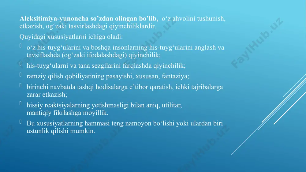 ga, ushbu nevrologik kasallikka duchor bo'lgan odamlar juda zaifdan juda qizg'ingacha o'zgarib turadigan jarayonni aks ettiradi, bu har bir hissiyotni adolatli baholashga ta'sir qiladi . aleksitimiyaning sabablari ularda paydo bo'lishi mumkin erta bolalik , bolada kontseptsiyalar bilan bog'liq bo'lgan ierarxik ruhiy holatlar yo'qligida. shuning uchun u butun vujudida his-tuyg'ularga murojaat qiladi. agar ota-onangiz bolangizga u boshlaydigan his-tuyg'ular haqida og'zaki ma'lumot bermasa, bola unga nima bo'layotganini so'z bilan tushuntirib bo'lmaydi deb o'ylashi mumkin. ushbu sohadagi mutaxassislar, yuqorida aytib o'tilganlardan tashqari, ushbu kasallikni asosan ikkita sinfga ajratadilar. shunday qilib, bir tomondan, birinchisi, biologik savolga kelib chiqishi birlamchi bo'lgan bo'lishi mumkin, shuning uchun irsiy omillar natijasida kelib chiqqan neyrobiologik nuqson yoki etishmovchilik natijasida paydo bo'ladi. boshqa tomondan, biz bolada ham, balog'atda ham boshdan kechirgan bir qator dramatik vaziyatlardan kelib chiqadigan ikkilamchi aleksitmiyani topamiz. ular orasida odam o'g'irlashdan tortib urush paytidagi ba'zi og'ir paytlarni ko'rmaguncha ajratib ko'rsatish mumkin. aleksitimiyaning ushbu so'nggi o'ziga xos holatida, …