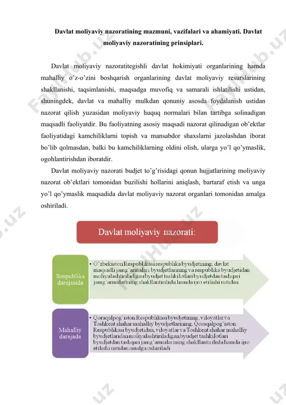 tasarrufidagi vakolatli organlar davlat moliyaviy nazorat organlaridir. davlat budjetining va davlat maqsadli jamg’armalari budjetlarining daromadlari qismi bo’yicha davlat moliyaviy nazorati berilgan vakolatlar doirasida davlat soliq xizmati organlari tomonidan amalga oshiriladi. bizga ma’lumki, umumdavlat moliyaviy nazorati butun mamlakat miqyosida tegishli vakolatlarga ega bo’lgan ixtisoslashgan davlat nazorat organlari tomonidan amalga oshiriladi. umumdavlat moliyaviy nazoratining asosini budjet nazorati tashkil qiladi. budjet nazoratibarcha darajadagi budjetlarning, davlatning budjetdan tashqari fondlarining shakllanishi, davlat moliyaviy resurslarining qonuniy va maqsadga muvofiq ishlatilishi ustidan nazoratni ta’minlaydi. nazoratning bu turini o’zbekiston respublikasi moliya vazirligi, uning qoshidagi nazorat-taftish boshqarmasi, moliya vazirligi g’aznachiligi kabi ixtisoslashgan operativ boshqarish va nazorat organlari amalga oshiradilar. ijtimoiy-iqtisodiy o’zgarishlar, ijtimoiy-siyosiy tangliklar va moliyaviyiqtisodiy inqirozlar sharoitida budjet nazoratining ahamiyati o’sib boradi va yangicha mazmun kasb etadi. budjet nazorati: · davlat moliyaviy nazoratining muhim qismi bo’lib, budjet jarayonida amalga oshiriladi; · bosh maqsadi - budjet munosabatlarining barcha ishtirokchilari tomonidan budjet qonunchiligiga rioya etilishini nazorat qilish; · budjet tizimi budjetlari …