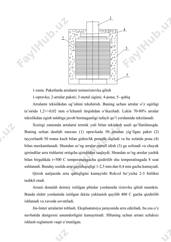 edirilishni kamaytirish uchun uni qattiqiigi (hrc 60÷62) yuqori bo’iishi kerak. lekin buni imkoni yo’q, chunki arrani tayyorlash texnologiyasi murakkablashib, qimmatlashib boradi. metallurgiya korxonalarida oldindan o’tkazligan termik ishlov berish arra po’latini ishlov berish qobiliyatini sezilarni darajada kamaytiradi: shtamplovchi asbobni sarfini oshiradi, rulonli po’latni belgilash arra qiymatini keltirib chiqarish bilan birga sezilarli darajada qoldiq ichki kuchlanishni xosil bo’lishiga sabab bo’ladi. shuning uchun po’latli piltaga termik ishlov bermasdan, to’la mexanik ishlov berilgandan keyin tishni faqat eng ko’p ishqalanuvchi kuchga uchraydigan qismini toblash maqsadga muvofiqdir. linterlashda chigitdan kalta tolani tirnab ajratishda asosan tishni uch qismini, taxminan uchdan bir qismi, ya’ni uch tomoni ishtirok etadi. tishni shu qismini toblash yoki qattiqlash orqali arra diskini uzoq ishlash muddatini sezilarli darajada uzaytirish mumkin. 2. jin va linter arralariga termik ishlov berishni o’ziga xos xususiyatlari. termik ishlov berish – avvalo metall va uning qotishmalarini ichki struktura tuzilishini boshqarish usuli bo’lib, bunda metall va qotishmalarni kerakli ma’lum haroratgacha qizdirilgandan …