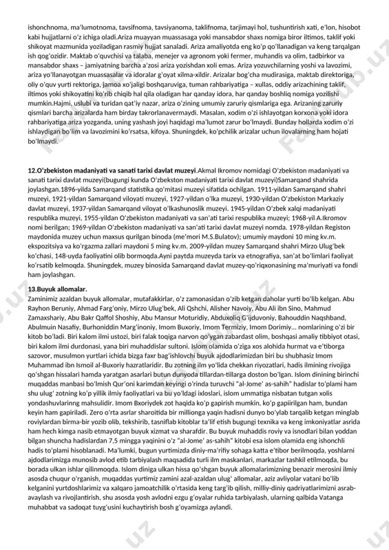 arixida yozuv paydo bo'lm asdan aw al badiiy ijod og'zaki shaklda taraqqiyot bosqichlarini bosib o'tdi. yozuv-insoniyatning eng m uhim kashfiyotiaridan biridir. xat kashf ctilgandan so‘tu> badiiy ijod oʻgʻzaki va yozma shaklda yonma yon taraqqiy qila boshladi.bizga alisher navoiy, z.m.bobur va boshqa koʻplab mutafakkirlarimizdan juda koʻp asarlar ,dostonlar meros boʻlib qolgan. 5.rasmiy-idoraviy uslub. adabiy tilning yozma rasmiy shakliga xos bo‘lib, muayyan nutqiy qolip, qat’iy odat tusiga kirib qolgan shakllarga ega bo‘lgan nutq uslubi rasmiy uslub sanaladi. barcha qonunlar, prezident farmonlari va hukumat qarorlari, turli hujjatlar, ish qog‘ozlari, idoralararo yozishmalar va shu kabilar rasmiy-idoraviy uslubda yoziladi. rasmiy uslub tilining asosiy xususiyati aniqlik va ixchamlikdir, unda muayyan nutqiy qoliblar, kasb-hunar so‘zlari, atamalar, tayyor sintaktik qurilmalar keng qo‘llanib nutqning aniq va ravshan ifodalanishini ta’minlaydi. tayyor nutq qurilmalari (shu asosda: shunga ko‘ra; ma’lum qilamizki;...ni e’tiborga olib;...ga ko‘ra;...biz, quyida imzo chekuvchilar,...ga asosan (muvofiq); ...uchun, ...dan kelib chiqib; ...sharti bilan; ...berilsin, ...taqdirlansin kabi) qoliplashgan so‘zlar va so‘z …