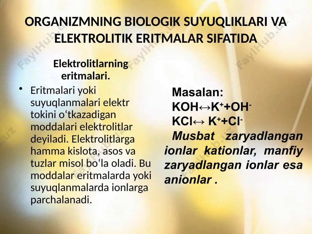 r uzluksiz betartib harakatda bo‘ladi (masalan, nacl tuzining suvda erish jarayoni). kristal panjarasi ionlardan iborat moddalardan tashkari qutbli molekulalar ham ionlarga dissotsilanadi. oddiy eritma suvning dielektirik o‘tkazuvchanligi juda yuqori, bundan tashqari suv eng yaxshi ionlashtiruvchi eritmadir. suvning dielektrik o‘tkazuvchanligi 80,1 teng. bu shuni ko‘rsatadiki, kristallda bo‘lgan musbat va manfiy ionlararo tortishish kuchlari suvdagi erit-malarda 80,1 marta kamayadi. dielektrik doimiylik efir, benzol, uglerod (1v)-sulfid kabi erituvchilarda, ya’ni dissotsilanmaydigan moddalar uchun juda kichikdir. kuchsiz darajada ionlatuvchi spirt, atseton va boshqa erituvchilarda dieletrik utkazuvchanlik o‘rtacha qiymatga ega bo‘ladi. quyidagi jadvalda ba’zi erituvchilarning dielektrik utkazuvchanligi ( 20° c) keltirilgan. ba’zi erituvchilarning dielektrik o‘tkazuvchanligi (20°c) erituvchi dielektrik utkazuvchanlik erituvchi dielektrik utkazuvchanlik suv metil spirt etil spirt atseton 80,1 33,0 25,7 21,7 xloroform dietil efir uglerod (1v)-sulfid benzol 5,0 4,34 2,62 2,28 elektrolitlar tabiatiga qarab kuchli va kuchsiz elektrolitlarga bo‘linadi. kuchli elektrolitlar to‘liq, kuchsiz elektrolitlar kisman eritmada ionlarga dissotsilanadi. kuchsiz elektrolitlarning dissotsilanishi qaytar jarayondir: chunki eritmadagi …