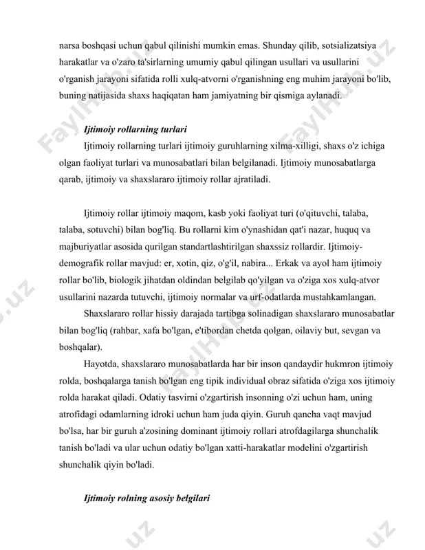 masshtab bo'yicha. ba'zi rollar qat'iy cheklangan bo'lishi mumkin, boshqalari esa loyqa bo'lishi mumkin. qabul qilish usuli bo'yicha. rollar belgilangan va zabt etilganlarga bo'linadi (ular erishilgan deb ham ataladi). rasmiylashtirish darajasiga ko'ra. faoliyat qat'iy belgilangan chegaralar doirasida yoki o'zboshimchalik bilan amalga oshirilishi mumkin. motivatsiya turlari bo'yicha. motivatsiya shaxsiy foyda, jamoat manfaati va boshqalar bo'lishi mumkin. rolning ko'lami shaxslararo munosabatlar doirasiga bog'liq. diapazon qanchalik katta bo'lsa, masshtab shunchalik katta bo'ladi. masalan, turmush o'rtoqlarning ijtimoiy rollari juda katta miqyosga ega, chunki er va xotin o'rtasida munosabatlarning eng keng doirasi o'rnatiladi. bir tomondan, bu turli xil his-tuyg'ular va his-tuyg'ularga asoslangan shaxslararo munosabatlar; boshqa tomondan, munosabatlar me'yoriy-huquqiy hujjatlar bilan tartibga solinadi va ma'lum ma'noda rasmiydir. ushbu ijtimoiy o'zaro ta'sir ishtirokchilari bir-birining hayotining turli tomonlari bilan qiziqishadi, ularning munosabatlari amalda cheksizdir. boshqa hollarda, munosabatlar ijtimoiy rollar bilan qat'iy belgilangan bo'lsa (masalan, sotuvchi va xaridor o'rtasidagi munosabatlar), o'zaro ta'sir faqat ma'lum bir sababga ko'ra amalga oshirilishi mumkin …
