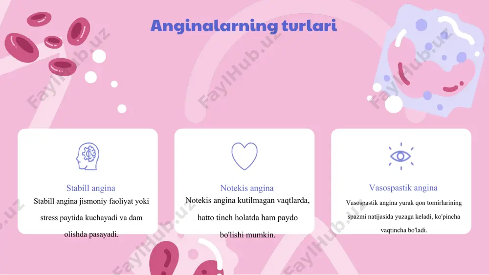 ni boshqarish usullari tavsiya etiladi. tadqiqotlar shuni ko'rsatadiki, stress darajasi yuqori bo'lgan odamlar angina hujumlariga uchrash ehtimoli 30% oshadi. anginalarni davolash usullari dori vositalari anginalarni davolashda nitratlar (masalan, nitroglycerin), beta-blokatorlar va kaltsiy kanal blokatorlari kabi dori vositalari qo'llaniladi. terapiya usullari anginalarni davolashda yurak qon tomirlarini kengaytiruvchi usullar va reabilitatsiya dasturlari muhim ahamiyatga ega. foydali maslahatlar bemorlar sog'lom turmush tarzini saqlash, stressni kamaytirish va muntazam jismoniy faollikni amalga oshirishlari tavsiya etiladi. profilaktika usullari anginalarning oldini davolashda foydalaniladigan dori vositalari anginalarni davolashda quyidagi asosiy dori vositalari qo'llaniladi: 1. nitratlar: bu dori vositalari qon tomirlarini kengaytiradi, yurakning ish faoliyatini yaxshilaydi va angina alomatlarini kamaytiradi. foydalanish ko'rsatmalari: og'riq paydo bo'lganda yoki oldini olish maqsadida, og'zaki yoki sublingval shaklda. 2. beta-blokatorlar: yurak urishini sekinlashtiradi va yurakning kislorodga bo'lgan talabini pasaytiradi. foydalanish ko'rsatmalari: doimiy ravishda, angina hujumlarini kamaytirish uchun. 3. kalsiy kanal blokatorlari: qon tomirlarini kengaytiradi va yurakning ish faoliyatini yengillashtiradi. foydalanish ko'rsatmalari: og'riq davomida yoki …