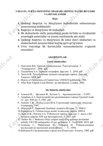 o‘rta osiyoning shaharlarining paydo bo‘lishi va rivojlanishi — DOCX