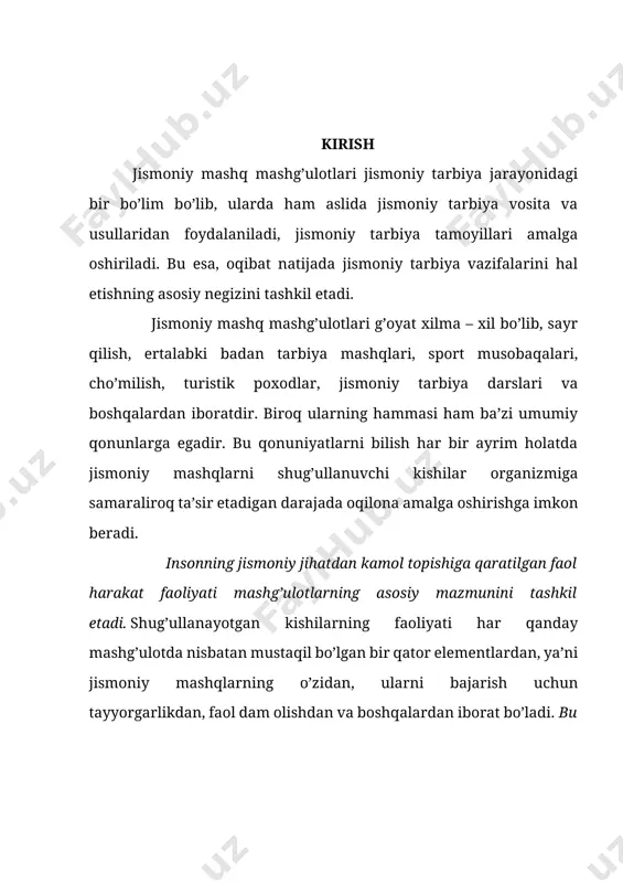 g mazmuni jismoniy sifatlarni rivojlantirishga qaratilgan bo’lsa, u holda mashqlar ish bilan dam olish qat’iy bir izchillik bilan almashib turadigan muayyan tartibda bajarilishi kerak. xuddi shuningdek, mashg’ulotning qanday natija berishi o’quvchilarni uyushtirish, mashg’ulot qay paytda o’tkazilishi, mashq o’tkaziladigan joydan to’g’ri foydalanish kabi holatlarga ham bog’liq. binobarin, mashg’ulotlarning shakli ularning mazmuniga faol ta’sir etar ekan. shakl bilan mazmun birligigina shug’ullanuvchi kishilar faoliyati zarur darajada muvaffaqiyatli chiqishini ta’min etadi, aks holda mashg’ulotlar natijasi tuzuk bo’lmaydi. hadeb bir xil mashg’ulot shaklidan foydalanaverish shug’ullanayotgan kishilarning jismoniy tayyorgarligini takomillashtirishni to’xtatib qo’yadi. eski shakllardan kechib, ularni yangi shakllarga almashtira borish esa, jismoniy tarbiya vazifalarini muvaffaqiyatli hal etishga imkon beradi. jismoniy mashq mashg’ulotlari ham mazmun, ham shakl jihatidan xilma – xil blishi kerak. bu esa pedagogik ishda yo’l qo’yib bo’lmaydigan ulubiy qo’llanmalardan qutilib, mashg’ulot o’tkazishning xilma – xil usullaridan keng foydalanish imkonini beradi. mashg’ulotlar shaklining ular natijasiga faol ta’sir ko’rsatishi unga nihoyat darajada jiddiy munosabatda bo’lishni taqozo …