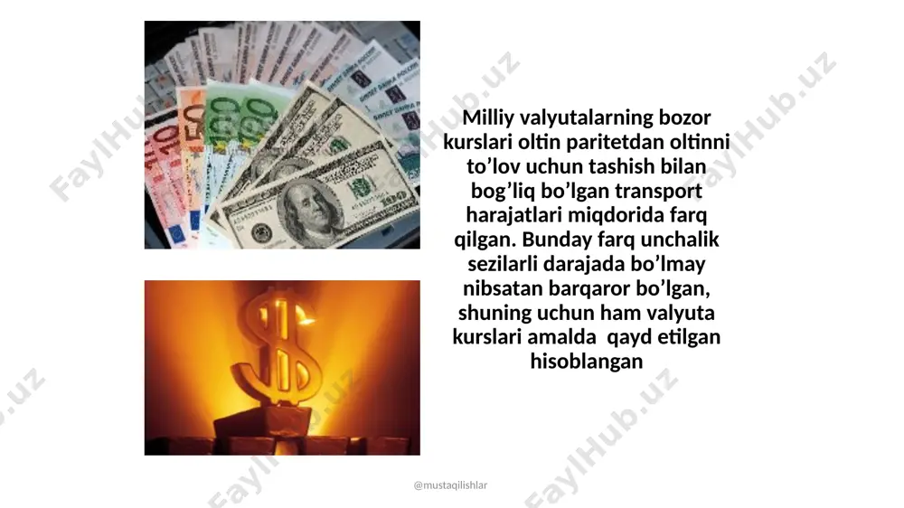 ri o’rtasidagi davrda iqtisodiy hamda siyosiy vaziyatning beqarorligi chuqur inqirozga va pirovardida jahon valyuta tizimining tarqalib ketishiga olib keldi. @mustaqilishlar @mustaqilishlar 1969 yilda xalqaro pul birligi-sdr qabul qilindi, 1971 yilda dollarni oltinga almashtirish to’xtatildi, buning natijasida milliy valyutalarning oltin bilan har qanday aloqasi yo’qoldi va ularning bahosi yuqori darajada valyuta bozoridagi talab va taklifga bog’liq bo’lib qoldi: xvf ga a’zo-mamlakatlar asta-sekin «suzib yuruvchi» kurslarga o’ta boshladilar. xvf ga a’zo-mamlakatlar 1976 yilda yamayka poytaxti kingstonda yangi xalqaro valyuta tizimiga asos solgan bitimni imzoladilar. xalqaro valyuta tizimi o’z rivojlanishining hozirgi bosqichida qator xususiyatlari bilan ifodalanadi. @mustaqilishlar birinchidan: «suzish» erkinligi mamlakatlarda davlat tomonidan cheklansa ham, «suzib yuruvchi valyuta» kurslari qoidasi rasman tan olingan va kiritilgan. («erkin suzib yuruvchi» valyuta kursi ma’lum valyutaga bo’lgan bozor talabi va ta’siri ostida o’zgarib turishi mumkin.) ikkinchidan: aqsh dollari o’zining asosiy valyuta sifatidagi ahamiyatini yo’qotmoqda hamda nemis markasi, yaponiya ienasi, ekyu (hozirda yevro) va boshqalar tobora xalqaro rezervlar …