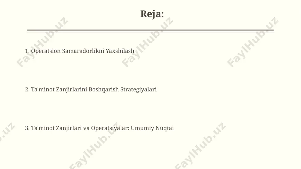 an, 5 dan yuqori koeffitsiyent yuqori samaradorlikni bildiradi. eoq (economic order quantity) formulasi optimal buyurtma hajmini aniqlashda qo'llaniladi va bu inventarni saqlash va buyurtma berish xarajatlarini minimallashtirishga yordam beradi, masalan, yiliga 1000 dona mahsulot uchun optimal buyurtma miqdorini hisoblash mumkin. ta'minot zanjiri texnologiyalari ta'minot zanjiri texnologiyalarida blokcheyn texnologiyasining qo'llanilishi o'rtacha 20% gacha xarajatlarni kamaytirishi va yetkazib berish muddatlarini 15% ga qisqartirish imkoniyatini beradi. iot (internet of things) sensorlari va real vaqt rejimida kuzatish vositalari mahsulotlarning harakatini kuzatishni yaxshilab, yetkazib berishdagi xatoliklarni 5-10% ga kamaytiradi. ta'minot zanjiri boshqaruvining asosiy elementlari ta'minot zanjiri boshqaruvida 5 dan ortiq asosiy etkazib beruvchilar bilan ishlash xavflarni kamaytirish va narxlarni optimallashtirish imkonini beradi, lekin bu murakkab muvofiqlashtirishni talab qiladi. logistik xarajatlarini 15% gacha kamaytirish uchun, transport vositalarining samarali yo'naltirilishi va yuk tashish rejalashtirish tizimlarini joriy etish muhimdir. ta'minot zanjiri xavflarini boshqarish xavflarni baholash matritsasi, potentsial ta'sir va ehtimollikni hisobga olgan holda, eng muhim 5 ta xavfni …