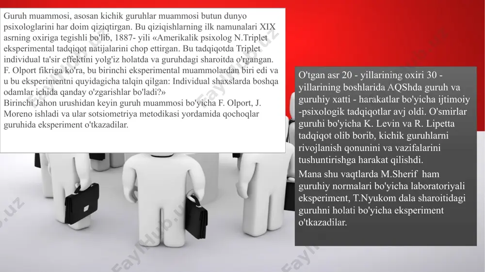 kin. so 'rov tadqiqot sifatida so'rov o'tkazish usullari. tanlangan odamlardan axborot olishda so'rov o'tkaziladi. so'ng katta to'plamda ko'rib chiqiladi. so'rov o'tkazishda xulq- atvor haqidagi ma'lumotlarni bevosita o'lchash yo'li bilan olish mumkin. lekin fikr, motivatsiya va hatto kutiluvchi bo'lajak xulq- atvorni bevosita baholash mumkin bo'lmagan axboratlarni o'z ichiga oladi. tanlash tashkiloti. tanlash tashkilotlarida sizga so'rovnoma o'tkazishda to'plam ko'rgazmali bo'lishi uchun hamda siz xohlagan xulosalarni olish uchun sizga guruh kerak bo'ladi. ko'rgazmali so'rovnomani qayyerdan olishimiz mumkin? imkoniyatlardan biri - tasodifiy tanlashni olishimiz mumkin. bu vazifa ko'rinishidan ham ko'proq qiyinchilik tug'diradi. so 'rovnoma tarkibi. savolnoma turlari: - ochiq turdagi savolnomalar; - yopiq turdagi savolnomalar; - alternativ turdagi savolnomalar. xulosa qilib aytganda, keng qamrovli talablarni bajarishda tasodifiy ishtirokchilarni guruhga ajratish mumkin bo'lmaydi. bunday hollarda noan'anviy loyihalardan foydalanishimiz mumkin. ularni kvazi eksperiment loyihalar deyiladi. noeksperimental loyihalar ichki validlikka tahdid tufayli interpretiv bo'lishi mumkin. bu loyihalarga faqatgina bir guruhni xulq atvorini testlardan o'tkazish uchun guruhdagi bir …