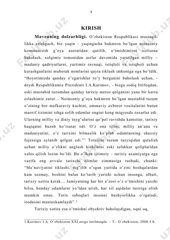 m. ammo o’tmishni ob’ektiv baholash uchun ushbu umumiy xulosa yetarli emas. ayrim kishilar ongida saqlanib kelayotgan eski tushunchalarni batamom siqib chiqarish, ularda to’g’ri tarixiy xotirani shakllantirish uchun uchun har bir davrda ro’y bergan fojealarning bor ko’lamini, natijalarini, mohiyati va qoldirgan asoratlarini aniq tahlillarda ochib berish ham zarurdir. mavzuning o’rganilish darajasi. mavzu ko’plab tadqiqotlarning diqqatini o’zida jalb etib keladi. ularni ikki guruhga ajratish mumkin. birinchi guruhga faylasuflar, ijtimooiy – madaniy hayotning nazariy masalalari bilan shug’ullanuvchi madaniyatshunoslar kiradi. bu borada t.n.qori niyoziy, a.k.valiyev, f.ismoilov, g’.n.najimov, m.qoraxonov, x.p.po’latov, s.sh.shermuhammedov, k.b.buronov, t.jurgenov, v.n.mineev, g.uvarov, i.shtern, r.k.qurbonov, u.x.qoraboyev kabi tadqiqotchilarning ismlarini keltirish mumkin. ushbu olimlar zamonaviy o’zbek – madaniyati shakllanishining ichki xususiyatlarini, madaniyatning jamiyat, davlat va shaxs hayotidagi o’rnini, milliy madaniyatining umuminsoniy madaniyat bilan bog’liqlik qonunlarini tadqiq etadilar. shu bilan birga ularning izlanishlarida o’sha davrda keng yoyilgan markscha – lenincha madaniyat nazariyasining ta’siri ham borligini inkor qilib bo’lmaydi. hatto o’lkamizda 80- yillarning o’rtalarida totalitar tuzumga …