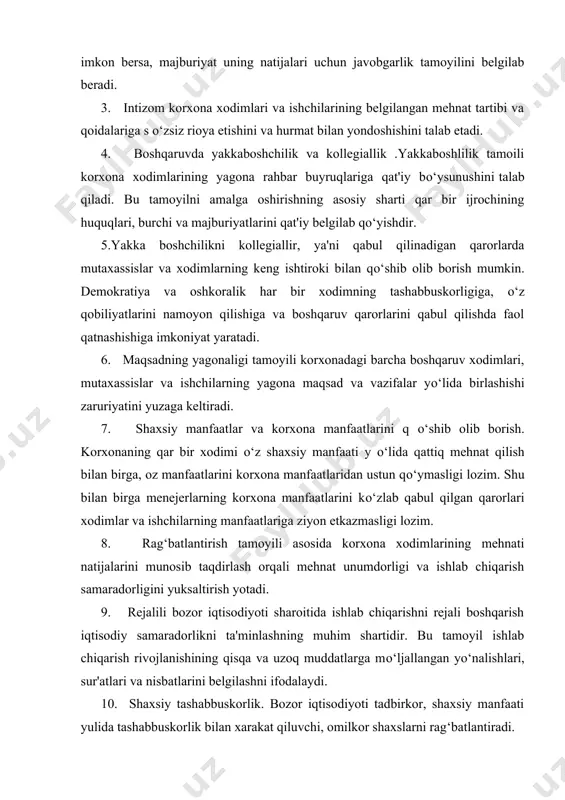 iga yo’naltirilgan mukammal tizim shaklida ifodalashga imkon beradi. masalan, kichik korxonada boshqaruvni tashkil etishning hamda biznes samaradorligi nuqtai nazaridan kimlar va nima sababdan korxona mahsulotini sotib olmayotganligi befarq qoldirmasligi kerak. kichik korxona xaridorlari (yoki korxona xaridori bo’lmaganlar) boshqalardan nima sotib oladi. ular uchun ushbu xaridlar qanday qiymatga ega. biznesni jonlantirish va iste’molchilik talabining o’sishi uchun qanday tashkiliy va boshqaruv qarorlarini qabul qilish zarur.kichik korxonada boshqaruvni tashkil qilish yagona maqsad emasligi sababli shu va shu kabi boshqa savollarning javobi har bir kichik korxonasi rahbariyatining boshqaruv hatti-harakatlari asosida yotishi lozim. 3.-rasm. biznes miqyosiga mos keluvchi tashkiliy tuzilma yangi tashkil etilayotgan korxona uchun yuqorida aytib o’tilgan vazifalardan tashqari biznes miqyosiga mos keluvchi tashkiliy tuzilmani shakllantirish muhim ahamiyat kasb etadi. uni tavsiflab berishda odatda quyidagi masalalar yoritiladi:  asosiy boshqaruv lavozimlari va boshqaruv xodimlarining umumiy soni;  boshqaruv tizimining ierarxiya bosqichlari soni;  u yoki bu lavozimlarga mutaxassislar rezyumesini to’plash va boshqaruv komandasini shakllantirish; …