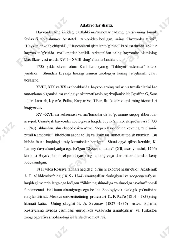 qismidagi quruqlikda yashovchi umurtqalilar va turkiston zoogeogerafiyasi sohasidagi ishlarda davom ettirdi. baliqlar (l. s. berg, 1876 – 1950), amfibiya va peptiliyalar (p. v. terent’ev 1903 -1970), qushlar (g. p. dement’ev 1898 - 1969), sut emizuvchilar (s.i ognev 1886 - 1951) sistematikasini rivojlanishida rus olimraining xizmati kattadir. professor d. n. kashkarov (1878 -1941), akademik s. s. shvars (1919 -1976), professor n. p. naumov (1902 yilda tug’ilgan) tomonidan hayvonlar, ayniqsa umurtqalilar ekologiyasining umumiy masalalari muvaffaqiyatli hal etilgan. ular yirik monografiyalar va darsliklar yaratganlar. shu bilan bir qatorda moskva universitetining professorlari b. m. jitkov (1872 - 1943), a. n. formozov (1899 - 1973), g. v. nikol’skiy (1910 - 1977) larning baliqlar, qushlar, sut emizuvchilar ekologiyasi sohasidagi keng ko’lamdagi ishlarni ham qayd qilib o’tish lozim bu olimlar epizootologik ahamiyatga ega bo’lgan ovlanadigan hayvnlar turiga alohida e’tibor berganlar. o’rta osiyo va o’zbekistonda umurtqali hayvonlarni o’rganishda a. seversov. n. a. zarudniy, t. z. zohidov larning hissalari …