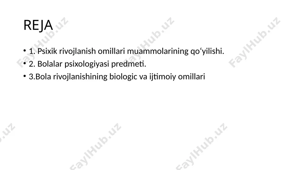 ezzel: bola xulqini yosh daavriga ko`ra qanday o`zgarishini aniqlagan (yetilish nazariyasi) 6.k.byuller: rivojlanishning 3 bosqichi (1.instinct-2.o`rgatish-3.intellekt) 7.j.bolduin: bola rivojlanishida ijtimoiy omillar (o‘yin) bola rivojlanishida ikki omilli nazariya v.shtern tomonidan ishlab chiqilgan emperizm (toza doska) + nativism (tug‘ma g‘oyalar) bola rivojlanishiga psixoanalitik yondashuv z.freyd psixoanaliz yo‘nalishining asoschisi inson psixikasi 3 bosqichdan iborat: -id (u); -ego (men); -super ego (oliy men yoki jamiyat). id… shaxsning primitiv yadrosi u tug‘ma xarakterga ega, ongsizlik joylashgan va qoniqish tamoyiliga bo‘ysunadi idda tug‘ma impulsiv qiziqishlar mavjud psixik rivojlanishni energetik asosini tashkil etadi. ego… shaxsni ratsional va anglanuvchi qism biologik yetilishga ko‘ra, hayotning 12 va 36 oylari orasida yuzaga keladi super ego… shaxsning tuzilmaviy tarkibi sifatida eng oxirida 3—6 yoshlar orasida shakllanadi insonning moslashishini ifodalaydi va bu jamiyatda qabul qilingan normalarga amal qilishini qattiq nazoratga oladi himoya mexanizmi… shaxsni salbiy kechinmalardan himoya qilishga yo'naltirilgan anglanmagan psixik jarayondir. shaxsning himoya mexanizmlari uning psixikasida ilk bolalik davrida paydo boladi …