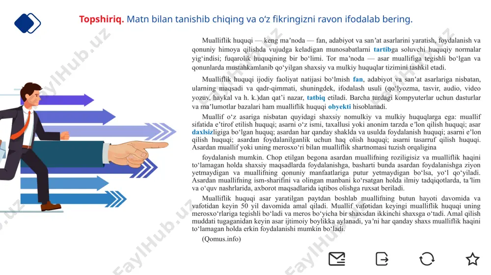 olmaydigan va boshqa o‘simliklarga yopishib yashaydigan o‘simliklar. masalan, sarma o‘simligi." xulosa atamalar har bir fan sohasida muhim rol o‘ynaydi. ularni to‘g‘ri ishlatish va izohlash ilmiy matnlarning tushunarli va aniq bo‘lishini ta’minlaydi. atamalarni to‘g‘ri izohlash esa ularning mazmunini kengroq tushunishga yordam beradi. e’tiboringiz uchun rahmat! image1.png image2.png image3.png image4.png image5.emf image6.emf image7.emf image8.emf image9.png image10.png image11.png image12.png image13.png image14.png /docprops/thumbnail.jpeg