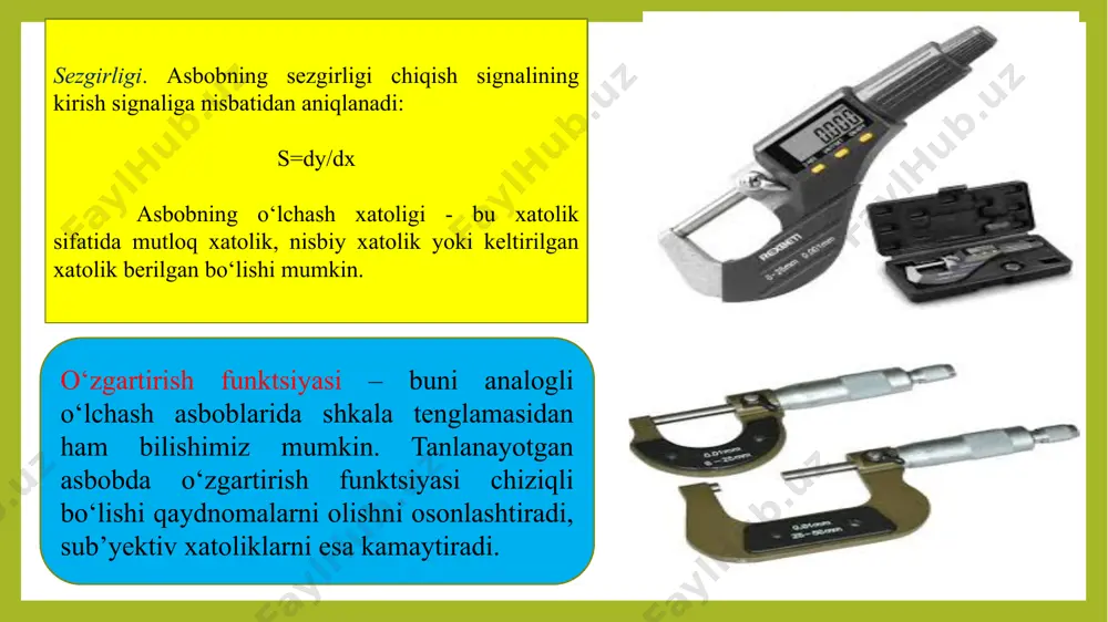 shlash vaqti asboblarni puxtaligini ko‘rsatkichlaridan biridir, ya’ni asbobning to‘g‘ri ishlashining o‘rtacha arifmetik vaqti. 11. kafolat muddati deb shunday vaqtga aytiladiki, uni tayyorlovchi zavod o‘z mahsulotini, asbobni ishlatish qoidalariga rioya qilgan holda to‘g‘ri ishlashiga kafillik bergan vaqtiga aytiladi. masalan, mikroampermetr m266m – korxona 36 oy ichida asbobni ta’mirlashni va tekinga almashtirib berishni o‘z bo‘yniga oladi, chastotometr e378(э378) uchun kafolat muddati 11yil. nazorat savollari metrologiya va o’lchash tushunchalarni ta’riflab bering. metrologiya qandaq asosiy qismlardan iborat? ularni ta’riflab bering. 3. o’lchovlar. o’lchash usullari. ularni ta’riflab bering. 4. o’lchash asboblarining aniqligi. ularni ta’riflab bering. 5. etalonlar rurlarini ta’riflab bering. image1.jfif image2.jfif image3.jfif image4.jfif image5.jfif image6.jfif image7.jfif /docprops/thumbnail.jpeg
