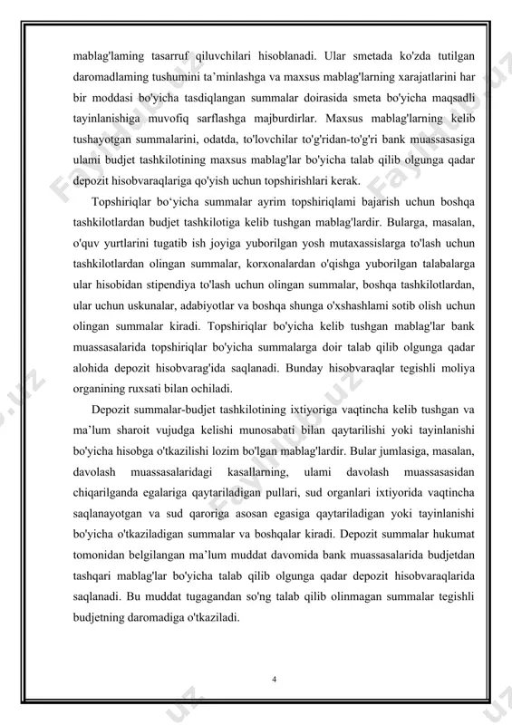 'yicha xarajatlar» subschyoti; 400 - «maxsus va budjetdan tashqari mablag'lar bo'yicha daromadlar» subschyoti. maxsus mablag'lar hisobi bank muassasalarida saqlanayotgan maxsus mablag'lar bo'yicha pul mablag'larining hisobini olib borish uchun ll--«maxsus mablag'lar bo'yicha talab qilib olgunga qadar depozit hisobvarag'i» subschyoti xizmat qiladi. bu aktiv subschyotdir. ll--«maxsus mablag'lar bo'yicha talab qilib olgunga qadar depozit hisobvarag'i» subschyotining debetiga bankka kelib tushgan maxsus mablag'laming summalari yoziladi. ll--«maxsus mablag'lar bo'yicha talab qilib olgunga qadar depozit hisobvarag'i» subschyotining kreditida esa materiallar va ko'rsatilgan xizmatlar uchun mol yetkazib beruvchilarning subschyotlarini to'lashga subschyotdan chiqarilgan summalar, ishchi va xizmatchilarga ish haqi to'lash uchun olingan mablag'lar, bank tomonidan maxsus mablag'lar hisobidan to'lanadigan boshqa xarajatlar hamda budjet daromadiga o'tkazilgan summalar qayd qilinadi. mazkur budjet tashkiloti tomonidan maxsus mablag'lar bo'yi-cha bajarib topshirilgan ishlar va ko'rsatilgan xizmatlar uchun buyurtmachilardan bank muassasasidagi maxsus mablag'lar bo'yicha talab qilib olgunga qadar depozit hisobvarag'iga kelib tushgan mablag'lar summasiga quyidagi buxgalteriya provodkasi tuziladi: debet 111 - «maxsus mablag'lar bo'yicha …