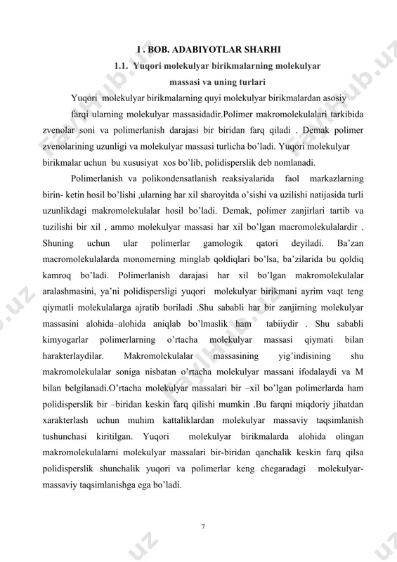 jasi har xil bo’lgan makromolekulalar aralashmasini, ya’ni polidispersligi yuqori molekulyar birikmani ayrim vaqt teng qiymatli molekulalarga ajratib boriladi .shu sababli har bir zanjirning molekulyar massasini alohida–alohida aniqlab bo’lmaslik ham tabiiydir . shu sababli kimyogarlar polimerlarning o’rtacha molekulyar massasi qiymati bilan harakterlaydilar. makromolekulalar massasining yig’indisining shu makromolekulalar soniga nisbatan o’rtacha molekulyar massani ifodalaydi va m bilan belgilanadi.o’rtacha molekulyar massalari bir –xil bo’lgan polimerlarda ham polidisperslik bir –biridan keskin farq qilishi mumkin .bu farqni miqdoriy jihatdan xarakterlash uchun muhim kattaliklardan molekulyar massaviy taqsimlanish tushunchasi kiritilgan. yuqori molekulyar birikmalarda alohida olingan makromolekulalarni molekulyar massalari bir-biridan qanchalik keskin farq qilsa polidisperslik shunchalik yuqori va polimerlar keng chegaradagi molekulyar- massaviy taqsimlanishga ega bo’ladi. quyi molekulyar moddalar uchun molekulyar massa m o’zgarmas qiymatga ega bo’lib, shu moddaning xarakterli kattaligi hisoblanadi. polimerlar uchun muhim kattalik hisoblangan molekulyar massa doimo o’rtacha qiymatga ega bo’lib, o’rtacha molekulyar massani m bilan ifodalanadi. o’rtacha molekulyar massalari bir xil bo’lgan polimerlarda ham …