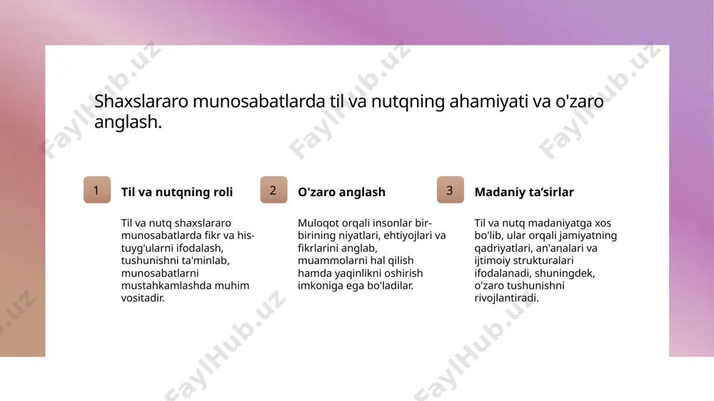 aniy elementlar madaniyatga xos kommunikatsiya uslublari va an’analari shaxslararo bog‘lanishni mustahkamlashga yordam beradi. har bir jamiyat o‘z kommunikatsiya madaniyatini rivojlantiradi. madaniyat kontekstida muloqotning ifodasi va uning ijtimoiy ta’siri. madaniyat va muloqot madaniyat muloqot shakllarini belgilaydi, so‘zlar, odatlar va ramzlar orqali jamiyatning o‘ziga xos ifodasini ta'minlaydi. bu, shuningdek, munosabatlarni mustahkamlashda muhim rol o‘ynaydi. an'anaviy va zamonaviy ifodalar madaniyatda muloqotning usullari an'anaviy nutq va raqs kabi amaliy shakllardan zamonaviy texnologiyalar va internet orqali amalga oshiriladi. bu, axborot va madaniyatning rivojlanishiga turtki bo‘ladi. ijtimoiy ta’sir va identitet madaniyatdagi muloqot ijtimoiy identitetni shakllantiradi, odamlarga o‘z o‘rnini anglash va jamiyat bilan bog‘lanish imkonini beradi. bu ijtimoiy barqarorlik uchun muhimdir. ijtimoiy rollar va kommunikatsiya: munosabatlarning rivojlanishida muhim omil. 1 ijtimoiy rollarning roli ijtimoiy rollar shaxslarning munosabatlarda qanday vazifa va mas'uliyatlarni bajarishini belgilaydi, bu esa bog‘lanish va hamjihatlikni rivojlantiradi. 2 kommunikatsiya va identitet kommunikatsiya orqali shaxslar o‘z rollarini ifodalaydi, bu ularning ijtimoiy identitetini shakllantiradi va munosabatlarning barqarorligini …
