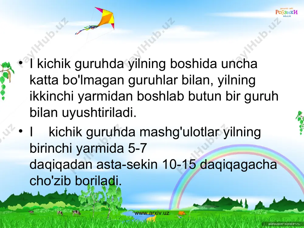 shg'ulotdan so'ng bo'yoqlarni katta guruhdagi navbatchilar stol va stullarning qay tarzda turishini nazorat qilib, mashg'ulotdan so'ng stollar ustulni artib chiqadilar, ular loy, bo'yoqni, mo'yqalamlarni stol ustiga qo'yib chiqadilar. yelim ham qo'yib chiqadilar. taxtachalarni yig'ib, bankachalarni yuvib, joyiga qo'yadilar, qaychilarni tarqatib, mashg'ulotdan so'ng yig'ib chiqadilar. www.arxiv.uz www.arxiv.uz www.arxiv.uz www.arxiv.uz tayyorlov guruhida navbatchilikka katta mustaqillik beriladi. tarbiyachi bolalarga, navbatchilarga mashg'ulot uchun nimalar kerak bo'lishini aytadi, navbatchilar ularni tayyorlaydi. tarbiyachi kuzatadi. www.arxiv.uz www.arxiv.uz