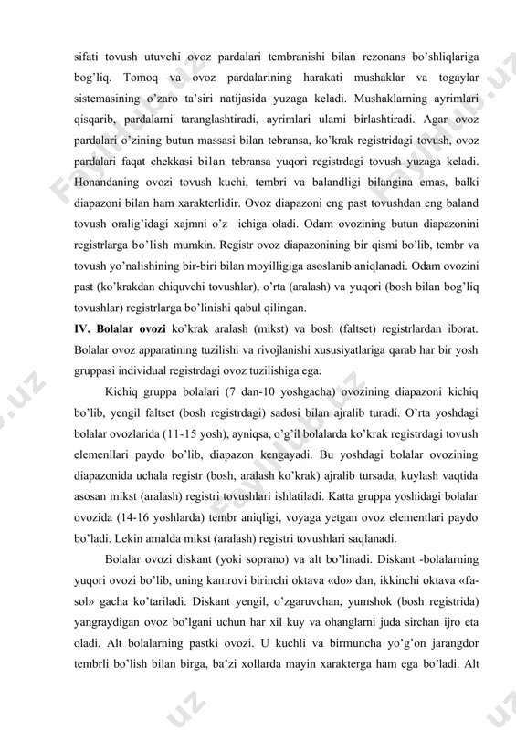mbrli bo’lish bilan birga, ba’zi xollarda mayin xarakterga ham ega bo’ladi. alt tovushining diapazoni kichiq oktava «sol-lya» dan ikkinchi oktava «re-mi» (ba’zida-«fa») gacha bo’ladi. shunga e’tibor qilish kerakki, alt ovozining juda ham yuqori pardalari qo’llanilsa, bolalar zo’rikib kuylaydi, shuningdek, juda past pardalar ishlatilsa, ovoz kuchsiz bo’lib chiqadi. shuning uchun juda yuqori tessiturada yozilgan asarlar bolalar xoriga tavsiya etilmaydi. bunday paytlarda asarni bolalar xorining diapazoniga qarab qayta moslashtirish maqsadga muvofiqdir. alt diskantlarga nisbatan sustrok bo’ladi. ko’p xollarda xorda bu ovozga ikkinchi tovush topshirilishiga qaramay u ba’zida asosiy kuyni ham olib boradi, unda ovozning ijrosi juda ravon va ifodali jaranglaydi. v. ovoz gigiyenasi honanda ovozi tabiatning qimmatbaho in’omi bo’lib, undan ijrochi extiyotkorlik va aql bilan foydalanishni talab qiladi. qatliq nutq, bakirib kuylash, noqo’lay (past va yuqori) tessiturani xaddan tashqari ishlatish, ovoz apparatining kasalligida kuylash - bularning hammasi ovoz pardalarini charchashiga va kasalga chalinishiga olib kelishi mumkin. shu sababdan, ashulachilar o’z ovozlarini asrashlari, …