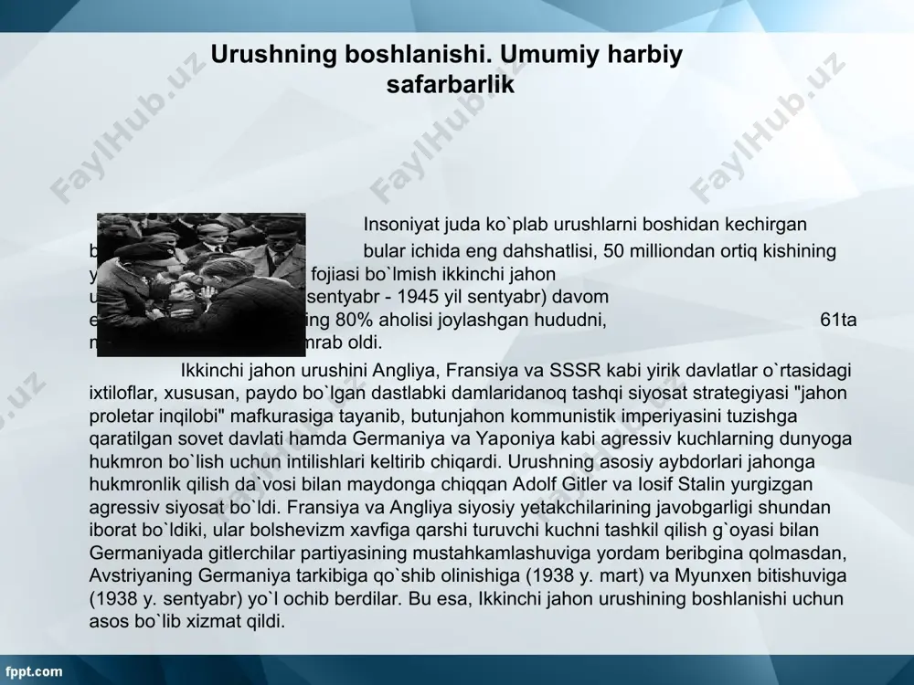 agi shartnomasi ularning javobgarliklarini tashkil qiladi. sovet-german bitimining maxfiy qo`shimcha bayonnomasiga ko`ra germaniya bilan sssr ta`sir ko`rsatish doiralarini bo`lib olishgan edi. ular manfaatdor hududlari chegarasi polshadan o`tgan bo`lib, g`arbiy ukraina va g`arbiy belorussiya hududlari hamda boltiq bo`yi mamlakatlari sssr ta`sir doirasidagi hudud ekanligi germaniya tomonidan tan olingan edi. eng so`nggi tarixiy tadqiqotlar "avgust bitimi" mamlakat xavfsizligini mustahkamlab, sovet-german urushining boshlanishini orqaga surgan emas, balki ikkinchi jahon urushini va unga sssrning tortilishini tezlashtirgan hujjat bo`lganligini ko`rsatadi. chunki germaniya davlatining ham, sovet davlatining ham strategik maqsadlarini aks ettirgan bu shartnomaga muvofiq germaniya bilan sssr polshaga bir vaqtda qo`shin kiritishlari lozim bo`lgan. shunga ko`ra 1939 yil 1 sentyabrda fashistlar germaniyasi polshaga bostirib kirdi. 3 sentyabrda esa angliya va fransiya germaniyaga urush e`lon qildilar va ikkinchi jahon urushi boshlandi. natijada germaniya ikki frontda urush holatida bo`lib qoldi. gitler jahon jamoatchiligi ko`z o`ngida halokatli urush yong`inining asosiy aybdori bo`lib namoyon bo`ldi. stalin esa aynan shuni …