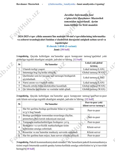 informatika va axborot texnologiyalari fanidan test savollari — DOCX