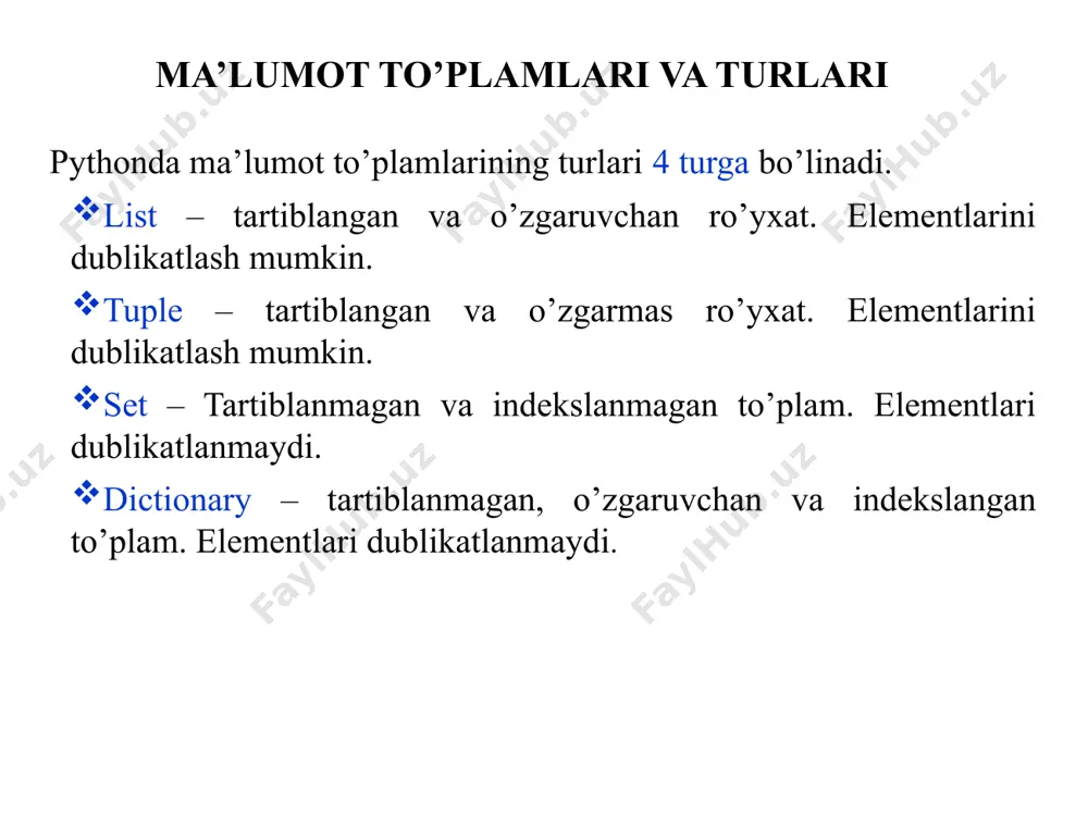 tirish mumkin. bunda ro’yxat indeksiga murojaat qilinadi va yangi qiymat beriladi. fan = ['fizika', 'matematika','kimyo','adabiyot'] fan[0]='informatika' print(fan) fan = ['fizika', 'matematika','kimyo','adabiyot'] fan[0]='informatika'; fan[2]= 'biologiya' print(fan) element qiymatini o’zgartirish ro’yxat elementlarini tanlab olishda for operatoridan foydalanish mumkin. meva=['olma','anor','nok','gilos'] for i in meva: print(i) son=list((5,2,6,3,4,8)) for i in son: print(i) ro’yxat elementlari bo’ylab takrorlanish ro’yxat elementlari yig’indisini aniqlovchi dastur tuzing. berilgan ro’yxatdagi eng katta sonni aniqlovchi dastur tuzing. ro’yxat elementlari bo’ylab takrorlanish son=[5,2,6,3,4,8] s=0 for i in son: s+=i print(s) son=[445,600,9000,3,964,800] a=son[0] for i in son: if i>a: a=i print(a) 3) ro’yxatning juft indeksidagi sonlarni chiqaruvchi dastur tuzing. ro’yxat elementlari bo’ylab takrorlanish son=[44,7,19,3,9,80,10] for i in range(0,7): if i%2==0: print(son[i]) 4) 0 qiymatga ega 5 ta elementdan tarkib topgan ro‘yxat hosil bo‘ladi. javob: [0, 0, 0, 0, 0] ro’yxat elementlari bo’ylab takrorlanish a=[0 for i in range(5)] print(a) 5) elementlari 0 dan 5 gacha bo‘lgan sonlar kvadratlariga teng ro‘yxat hosil bo‘ladi. javob: …