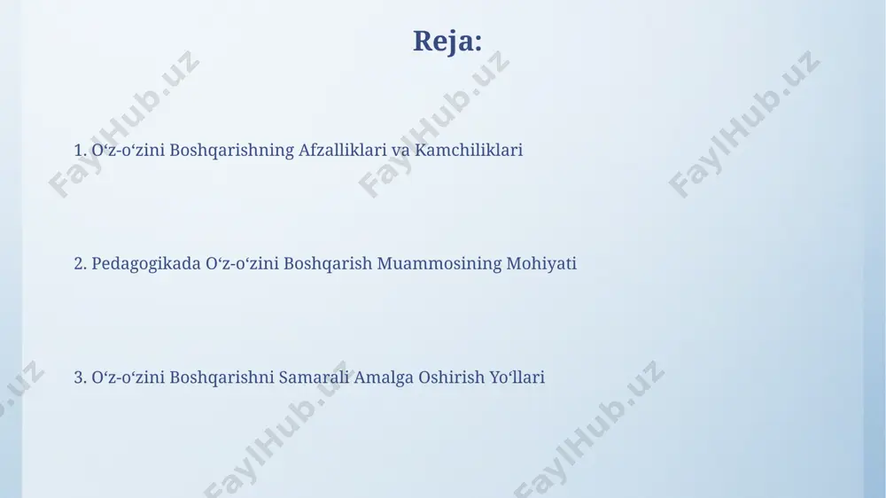 aktabda sinf boshqaruvi bo'yicha yangi texnologiyalarni joriy etish va natijalarni 3 yil davomida kuzatish orqali o'z-o'zini boshqarishning ilg'or usullarini o'rganish mumkin. o'z-o'zini boshqarish va motivatsiya samarqanddagi eksperimental guruhda o'z-o'zini boshqarish texnikalarini qo'llagan o'qituvchilarning 70% i o'quvchilarning o'ziga ishonchini va mustaqil ishlash qobiliyatini sezilarli darajada yaxshilandi deb hisoblaydi. o'zbekistonning 5 ta viloyatida o'tkazilgan tadqiqotlar shuni ko'rsatdiki, o'z-o'zini boshqarishga ega bo'lgan o'quvchilarning o'rtacha ballari 15% yuqori bo'lib, ta'lim sifatini yaxshilashga hissa qo'shadi. o'z-o'zini boshqarish tushunchasi pedagogikada o'z-o'zini boshqarishning 3 bosqichli modeli, 20-asrning 70-yillarida amerika psixologlari tomonidan ishlab chiqilgan, pedagogikada shaxsiy mas'uliyatni rivojlantirishga qaratilgan. o'zbekistondagi 2023-yilgi ta'lim islohotlari o'z-o'zini boshqarishni o'quv jarayoniga integratsiyalashtirishni, ya'ni o'quvchilarning 30% qatnashishini nazarda tutadi. muvaffaqiyatli o'z-o'zini boshqarishning belgilari samarqanddagi 100 nafar o'quvchining tadqiqoti shuni ko'rsatdiki, o'z-o'zini boshqarish ko'nikmalariga ega bo'lganlarning 80 foizi darslarga muntazam qatnashgan va 90 foizi yaxshi baholarga ega bo'lgan. muvaffaqiyatli o'z-o'zini boshqarishning belgilaridan biri, 7 yoshdan 12 yoshgacha bo'lgan bolalarda 3tadan ortiq uzoq muddatli maqsadlarni …