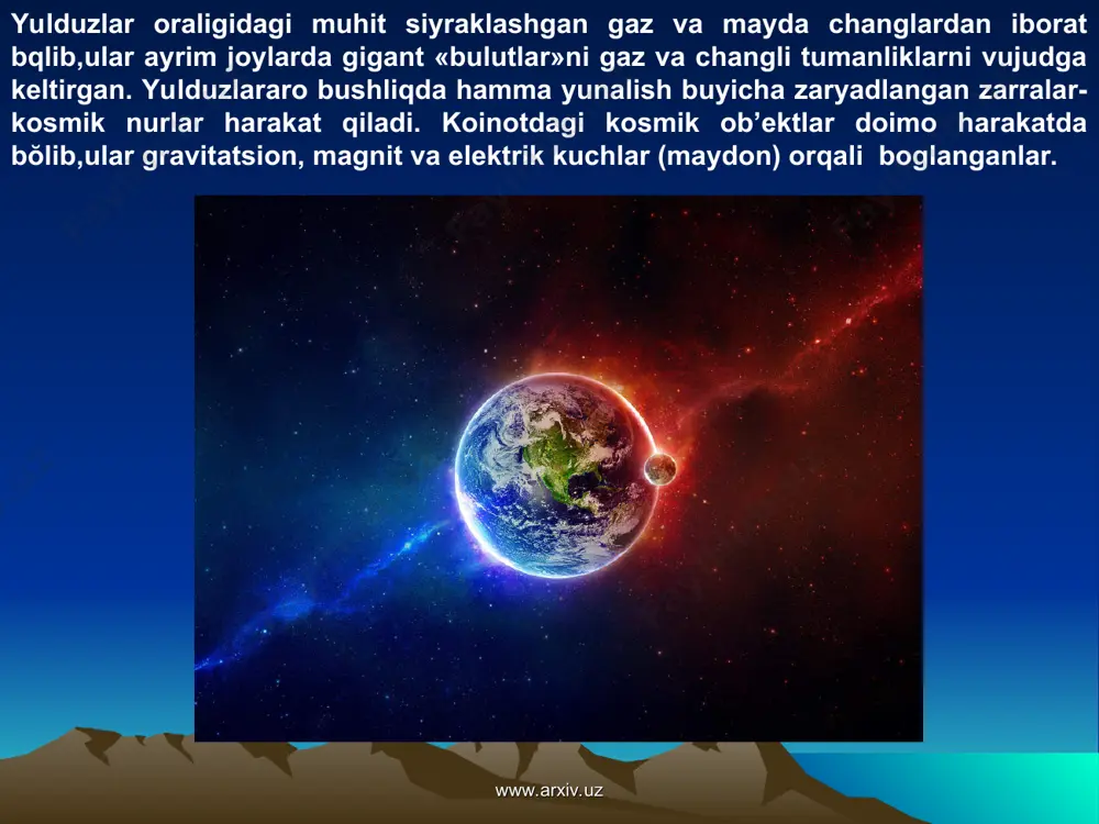 ww.arxiv.uz albatta bunday boglanishlar erning holatiga vaunda ketadigan hodisa va jarayonlarga ozmi-kŏp ta’sir etadi. shu bilan birgalikda yerning hususiyatlari ham (qadimdan koinot ta’siri tufayli sodir bŏlgan va hozirgi kunda hamuning ta’siri davom etayotgan bir vaqtda) kŏpgina tabiat hodisa va jarayonlarining vujudga kelishida va taqsimlanishida asosiy ahamiyatga ega bŏladi. shuninguchun ham yerga hos bŏlgan hususiyat va hossalarni bilish zarur. yer tabiatiga oid ma’lumotlar juda qadimdan boshlab yigilib kelinmoqda. jumladan, qadimda erni tekis yassi yuza deb bilganlar. qadimgi greklar yerni disksimon deb bilishgan vauning atrofini katta daryo-okeanurab turadi deb uylashgan. shuningdek, arablar, hindlar, hitoyliklar va boshqalar ham yer shaklini turlicha talqin qilishgan. yerni sharsomon shaklda deb bilgunlaricha juda kŏp vaqtutgan va kŏplab kuzatish ishlari olib borilgan. kim birinchi bŏlib yerni shar shaklida deb ataganligi va aniq isbotlab berganligi fanga noma’lum www.arxiv.uz www.arxiv.uz . biroq, tahminan 2500 yil dan oldinroq ayrim qadimgi gretsiyali olimlar – pifagor, parmenidlar erni shar shaklida deb tasdiqlashgan. keyinchalik …