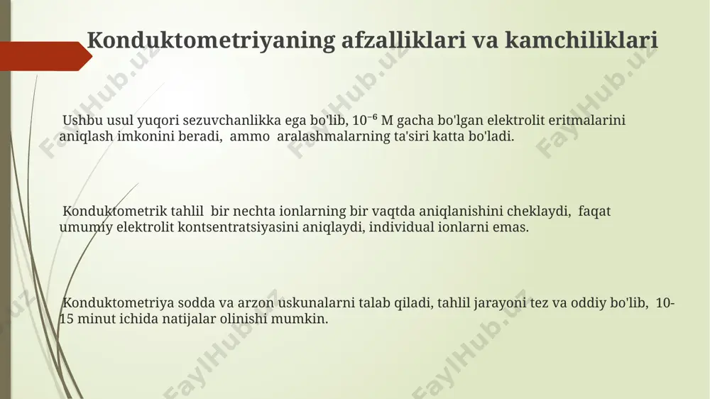 nlik qiymati eritmadagi ionlarning konsentratsiyasi va harakatchanligiga to'g'ridan-to'g'ri bog'liq bo'lib, 0,01 mol/l dan yuqori konsentratsiyali eritmalar uchun qo'llaniladi. e'tiboringiz uchun rahmat @taqdimot_robot