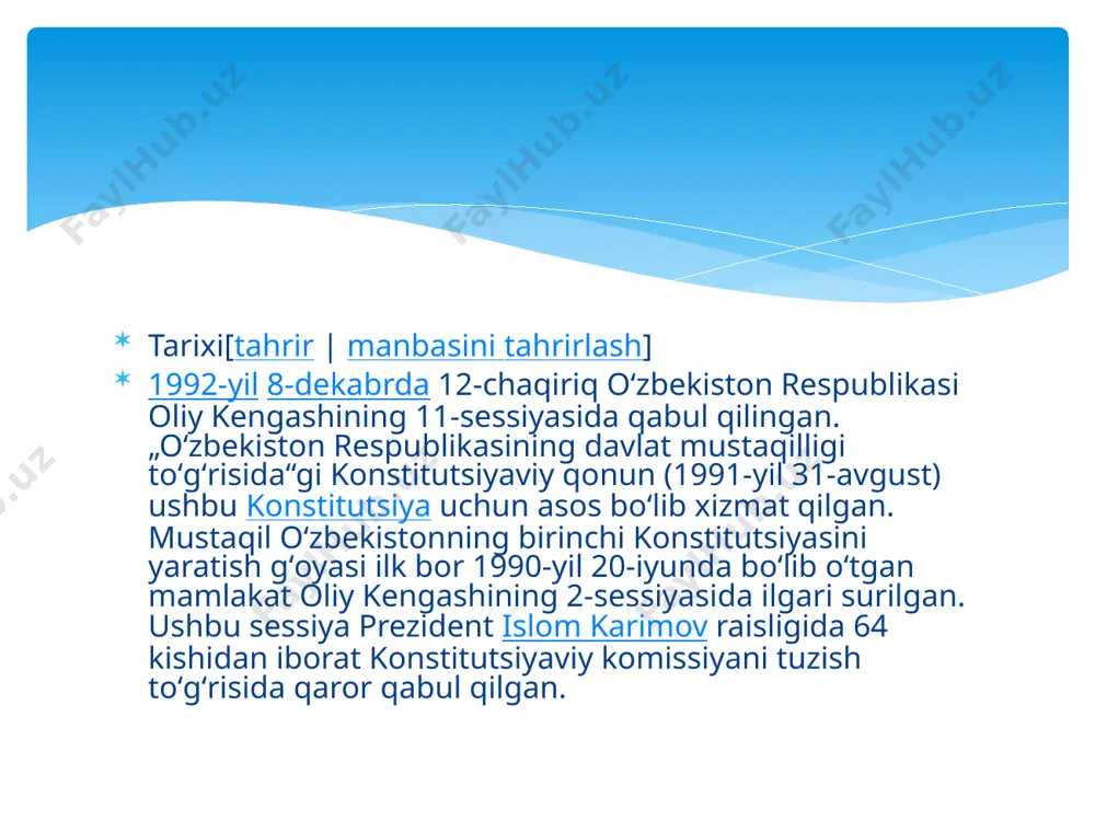 an 96 va 117-moddalarga oʻzgartirishlar kiritildi. shuningdek: 2021-yil 8-fevral kuni „oʻzbekiston respublikasining konstitusiyasiga oʻzgartishlar kiritish toʻgʻrisida“gi qonun qabul qilindi. oʻzgartirishga koʻra, oʻzbekistonda sud tizimi quyidagilardan iboratligi belgilandi: oʻzbekiston respublikasi konstitusiyaviy sudi; oʻzbekiston respublikasi oliy sudi; harbiy sudlar; qoraqalpogʻiston respublikasi sudi, viloyatlar va toshkent shahar sudlari; qoraqalpogʻiston respublikasi maʼmuriy sudi, viloyatlar va toshkent shahar maʼmuriy sudlari; fuqarolik ishlari boʻyicha tumanlararo, tuman, shahar sudlari; jinoyat ishlari boʻyicha tuman, shahar sudlari; tumanlararo, tuman, shahar iqtisodiy sudlari; tumanlararo maʼmuriy sudlari tuzilish jihatdan[tahrir | manbasini tahrirlash] oʻzbekiston respublikasining konstitutsiyasi muqaddima, 6 boʻlim, 27 bob, 155 moddadan iborat. 1-boʻlim (i-iv bob, 1-4-moddalar) asosiy prinsiplar deb nomlangan boʻlib, unda oʻzbekiston respublikasining mustaqil davlat sifatidagi asosiy konstitutsiyaviy prinsiplari koʻrsatilgan. bunday prinsiplar qatoriga davlat suvereniteti, xalq hokimiyatchiligi, konstitutsiya va qonunning ustunligi hamda tashqi siyosat tamoyillari kiradi. 2-boʻlim (v-xi bob, 19-64-moddalar) inson va fuqarolarning asosiy huquqlari, erkinliklari va burchlari deb atalgan boʻlib, inson huquqlari oʻzbekistonga xos yaxlit va keng tizimidir. …