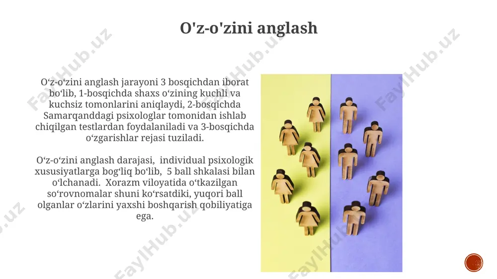ʻzini tarbiyalash bilan shugʻullanuvchi 100 nafar talabadan 85 nafari toshkent shahridagi oliy oʻquv yurtlarida oʻz faoliyatlarida yuqori natijalarga erishgan. hurmat va ehtirom psixologik tadqiqotlar shuni ko'rsatadiki, 100 ta bolani o'rganish natijasida, ota-onalar bilan o'zaro hurmat va ehtirom munosabatlari bolaning ijtimoiy moslashuvchanligini 30% ga oshiradi. o'zbekiston respublikasining 1992-yilda qabul qilingan konstitutsiyasi inson huquqlari va erkinliklarini hurmat qilishni, shu jumladan, millatlararo totuvlikni va o'zaro ehtiromni kafolatlaydi. e'tiboringiz uchun rahmat @taqdimot_robot image4.jpg image5.jpg image6.jpg image7.jpg image8.jpg image9.jpg image10.jpg image11.jpg image12.jpg image13.jpg image14.jpg image15.jpg image16.jpg image17.jpg image18.jpg image1.png image2.png image3.png