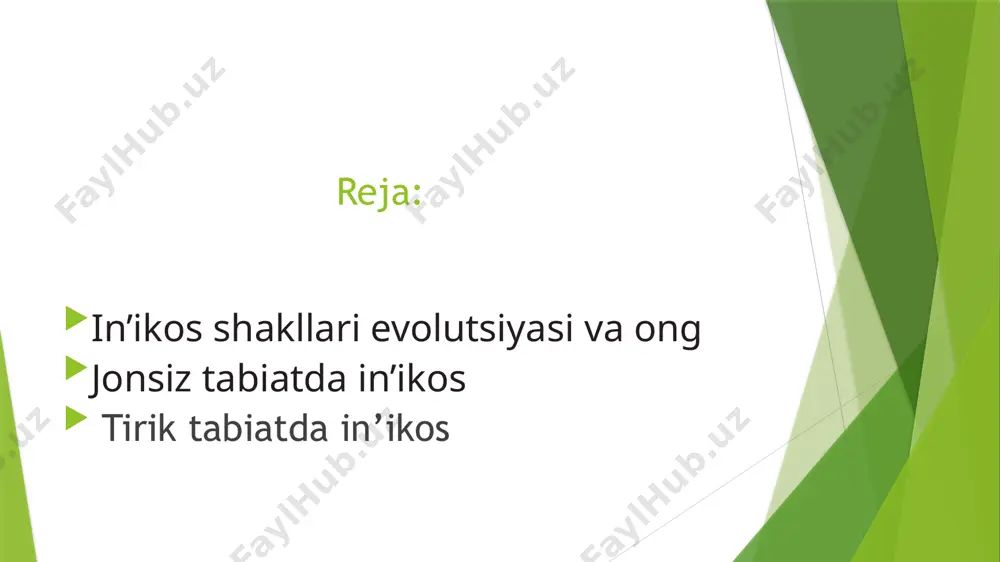 qiyot natijasida in’ikos ham rivojlanib kelyapti va u o‘ziga xos shakllarda takomillashib boryapti. in’ikosning shakllari: – notirik tabiatda in’ikos; – tirik tabiatda in’ikos; – psixik in’ikos; – ong. in’ikosning quyi shakli – notirik tabiatdagi in’ikos hisoblanadi,oliy shakli esa – ongdir. notirik tabiatdagi in’ikos – ong vujudga kelishining asosidir. noorganik tabiatdagi in’ikos fizikaviy – ximiyaviy o‘zgarishlarning majmuasi sifatida namoyon bo‘ladi. in’ikosning asosiy xususiyati – uning faolligidir. in’ikosning faolligi notirik tabiatda ham uchraydi. inson ongida in’ikos faolligi o‘zining oliy shakliga erishadi. in’ikos – narsa va hodisalarning o‘zaro ta’sirlashuvi asosida hosil bo‘ladigan hodisa, holat, jarayon va o‘zgarishni ifoda etadigan tushuncha. bu kategoriya falsafada muhim o‘ringa ega bo‘lib, ong, tafakkur va bilish jarayonini tushuntirishga xizmat qiladi. in’ikos borliqning barcha hodisalariga xos umumiy xususiyatdir. zero, ularning barchasi ta’sirlashuvda va o‘zgarishda. narsa va hodisalarning o‘zaro ta’siri va ularning bir-birida aks etishi har xil ekani, in’ikosning turli darajalarini farqlash imkonini beradi. avvalambor, tirik jonzot bilan jonsiz tabiat …