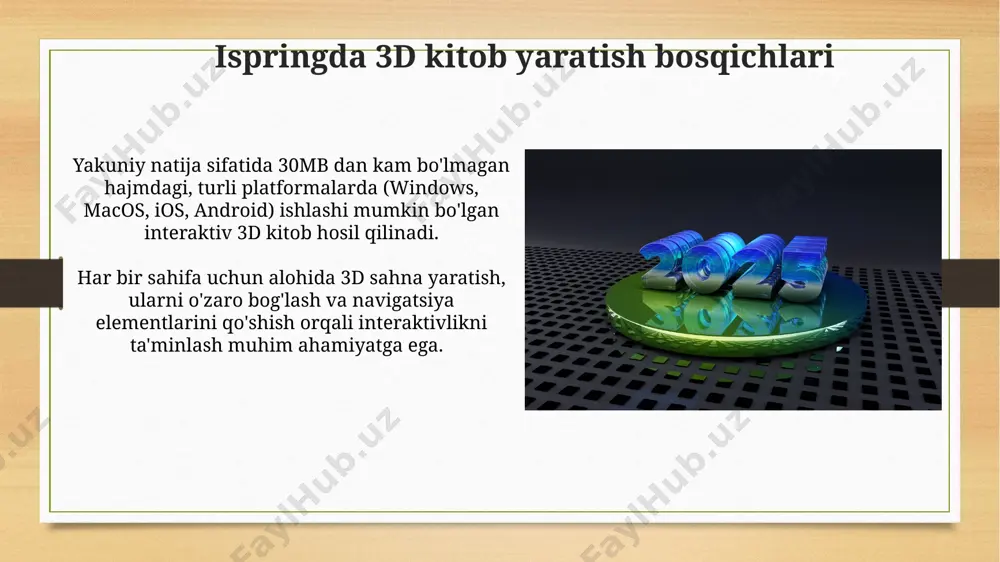 gratsiyasi mavjud, bu esa o'quv materiallarini osongina joylashtirish imkonini beradi. ispring tarkibidagi 3d kitoblarni yaratish vositalari turli xil brauzerlar va qurilmalar (mobil, desktop) bilan muammosiz ishlash uchun optimallashtirilgan. kitob dizayni va estetikasi ispring tarkibidagi interaktiv elementlar, masalan, 3d modellashtirish va animatsiya, kitobning umumiy estetikasiga 30% gacha ijobiy ta'sir ko'rsatishi va o'quvchini jalb qilishi isbotlangan. ispring suite’dagi 3d kitob yaratish vositalari sizga 20 dan ortiq turli xil animatsion effektlarni qo'llash imkoniyatini beradi, bu esa kitob dizaynining jozibadorligini va estetikasini sezilarli darajada oshiradi. ispring quizmaker: testlar yaratish quizmakerda yaratilgan testlarni scorm, xapi va tin can api standartlariga muvofiq eksport qilish mumkin, bu esa lms tizimlarida foydalanish imkonini beradi. ispring quizmaker interfeysi intuitiv va sodda bo'lib, test yaratish jarayonini tezlashtiradi, hatto 100 dan ortiq savolga ega murakkab testlarni ham osongina yaratishga yordam beradi. e'tiboringiz uchun rahmat @taqdimot_robot image7.jpg image8.jpg image9.jpg image10.jpg image11.jpg image12.jpg image13.jpg image14.jpg image15.jpg image16.jpg image17.jpg image18.jpg image19.jpg image20.jpg image21.jpg image22.jpg …