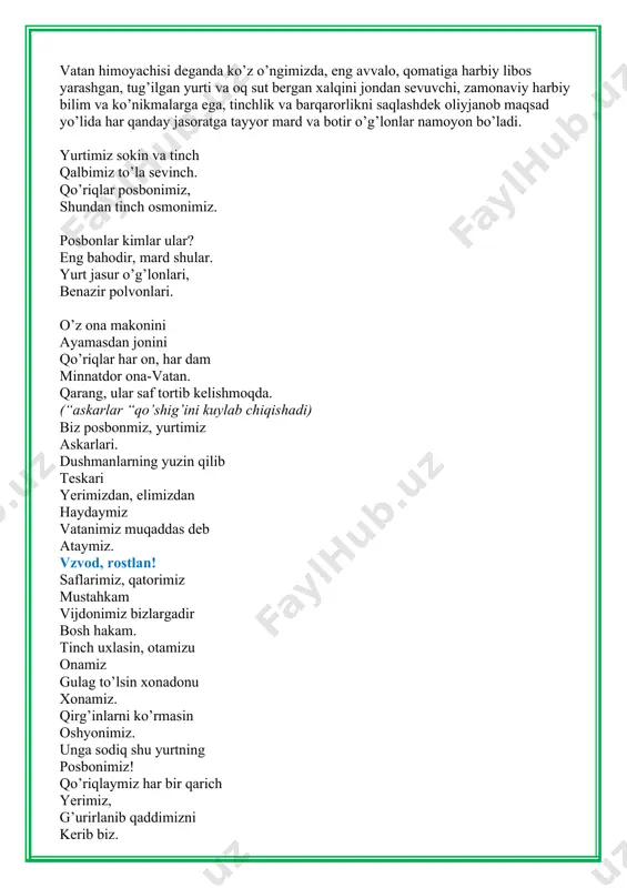 gan. (sahnaga beshik tebratib o’g’liga alla aytayotgan ona namoyon bo’ladi) alla bolam, arslonim mening jasur o’g’lonim. kun va soat sayin o’s yomonlik yo’lini to’s. bola ulg’ayib, zabardast yigit bo’lipti. (bola ulg’ayib, zabardast yigit ko’rinishida chiqadi) ona: o’glim, senga bir nolam, vataning sotma bolam! qo’riqla uni har dam, shu tumor bersin yordam. (qo’lidagi tumorni bo’yniga osib qo’yadi) o’z yurtin sevgan har zot unga sodiq umrbod. seningdek mard o’g’lonlar vataniga qo’rg’onlar. yigit: onajon , gapingiz rost yurtni sevish qanday soz! qalbimda bir his o’sar, yomonlik yo’lin to’sar. (barakalla o’g’lim, barakalla) 1. har bir bola kelajakda chiniqqan va mard bo’lishni o’rganishi kerak. uning eng birinchi orzusi ota-onasining yonida bo’lishi, osmon tinch bo’lishi, urushning bo’lmasligidir. 2. yurtimiz urush daxshatini ko’rmasin. ammo har qaysi mamalakatda kuchli armiya, albatta, mudofaa o’z yurtini qo’riqlash uchun saqlanadi. bizda ham shunday armiya mavjud, qurolli kuchlarimizning turlari ham ko’p. 3. har bir bola katta bo’lgach , o’z harbiy burchini o’tashni …