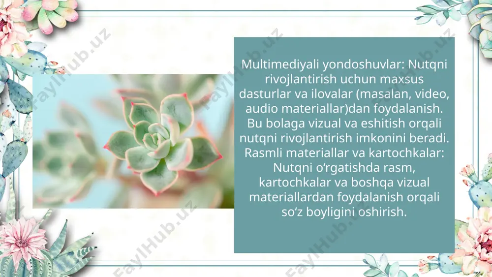 : bolaning jamiyatda o‘zini tutish va boshqalar bilan muloqot qilish ko‘nikmalarini rivojlantirish. tushunish va kommunikatsiya: bolaning nutqni tushunish va tushuntirish ko‘nikmalarini rivojlantirish. ijtimoiy o‘zaro aloqalar: bolaning jamiyatda o‘zini tutish va boshqalar bilan muloqot qilish ko‘nikmalarini rivojlantirish. ota-onalar bilan maslahatlar: ota-onalarga nutq rivojlanishida yordam berish, uyda bajarilishi mumkin bo‘lgan mashqlar va ko‘makni ko‘rsatish. o‘qituvchilar bilan o‘zaro aloqalar: o‘quv jarayonida o‘qituvchilarga yordam berish va o‘quv dasturlarini bolaning ehtiyojlariga moslashtirish vizuallashgan yordamlar: nutqiy nuqsonli bolalar uchun so‘zlarni yoki iboralarni aniqroq tushunish va eslab qolish uchun vizual vositalardan (rasmlar, kartochkalar, grafika) foydalanish. bu usullar, ayniqsa, bolaning tasavvurini oshirishda foydalidir. kengaytirilgan sozlash: nutqiy nuqsonli bola uchun kengaytirilgan sozlashni amalga oshirish. masalan, nutqiy mashqlarda gapirishda ko'proq vaqt ajratish, har bir so'zni aniqlab aytish yoki oddiy savollarga javob berishda yordam berish. subtitle subtitle subtitle nutqni baholash va tahlil qilish: nutq terapevti tomonidan qilingan tahlil natijalari, bolaning nutqiy rivojlanishini aniqlashga yordam beradi. bu jarayon muntazam ravishda olib borilishi …