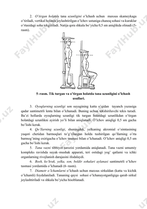 quloqning yuqori uchi va qosh bir tekislikda boʼlishi kerak. tovon, chanoq sohasi, kuraklar oʼrtasidagi soha va boshning ensa qismi boʼy oʼlchagichning ustuniga tegib turishi kerak. asbobning o’lchov moslamasi (planshet) bosh sohasiga tegkunicha siljitiladi (5-rasm) va natija 0,5 sm aniqlikda yozib olinadi. 2. о’tirgan holatda tana uzunligini о’lchash uchun maxsus skameykaga о’tiriladi, vertikal holatda joylashtirilgan о’lchov ustuniga chanoq sohasi va kuraklar о’rtasidagi soha tekgiziladi. natija qora shkala bo’yicha 0,5 sm aniqlikda olinadi (5-rasm). 5–rasm. tik turgan va о’tirgan holatda tana uzunligini о’lchash usullari. 3. oyoqlarning uzunligi son suyagining katta o’qidan tayanch yuzasiga qadar santimetrli lenta bilan o’lchanadi. buning uchun tekshiriluvchi tekis turadi. ba’zi hollarda oyoqlarning uzunligi tik turgan holatdagi uzunlikdan o’tirgan holatdagi uzunlikni ayirish yo’li bilan aniqlanadi. o’lchov aniqligi 0,5 sm gacha bo’lishi kerak. 4. qo’llarning uzunligi, shuningdek, yelkaning akromial o’simtasining yuqori chetidan barmoqlari to’g’rilangan holda tushirilgan qo’llarning o’rta barmog’ining oxirigacha o’lchov tasmasi bilan o’lchanadi. o’lchov aniqligi 0,5 sm gacha bo’lishi …