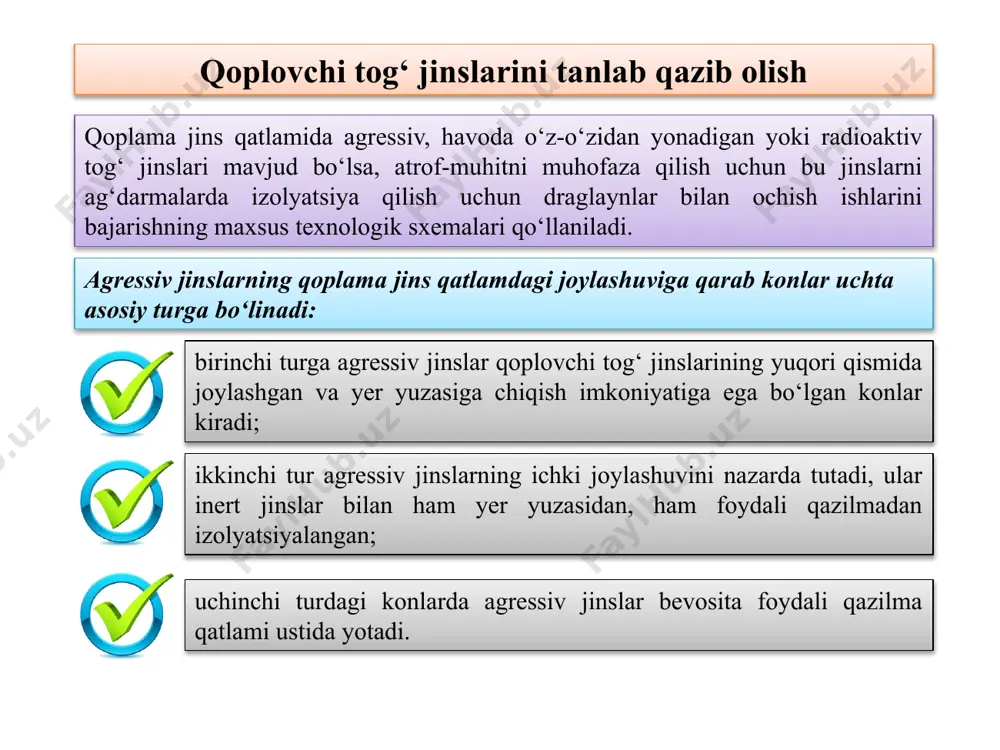 ; foydali qazilma qatlamining bir qismini ko‘mish bilan qoplovchi tog‘ jinsini draglayn bilan qazib olish va qazib olingan bo‘shliqqa ko‘chirish va uni ag‘darma ichida draglayn bilan qayta qazish (b); oldingi zaxodkadan qazib olingan qoplovchi tog‘ jinsi bo‘shlig‘ida qayta ekskavatsiya o‘tkazish va qazib olish pog‘onasini to‘ldirmasdan, mexanik belkurak yoki draglayn yordamida qoplovchi tog‘ jinsini ag‘darmaga ko‘chirgan holda zaboyni qazib olish (v); bitta draglayn bilan qoplovchi tog‘ jinsini qazib olish, ko‘chirish va qazib olingan bo‘shliqqa qayta ekskavatsiya qilish (d). qoplovchi tog‘ jinsini qazilgan bo‘shliqqa draglayn bilan ko‘chirgan holda ochish pog‘onasining bir qismini qazish va bir vaqtning o‘zida zaboyda qoplovchi tog‘ jinsining qolgan qismini qazish va uni ag‘darma ichida boshqa draglayn bilan qayta ekskavatsiya qilish (g); 7a-rasm. bir cho‘michli ekskavatorlar bilan tog‘ jinslarini ichki ag‘darmalarga bir necha marta ag‘darish bilan ochish ishlari texnologiyasi varianti (a) 7b-rasm. bir cho‘michli ekskavatorlar yordamida tog‘ jinslarini ichki ag‘darmalarga ko‘p marotaba tashish orqali ochish ishlari texnologiyasi varianti (b) …