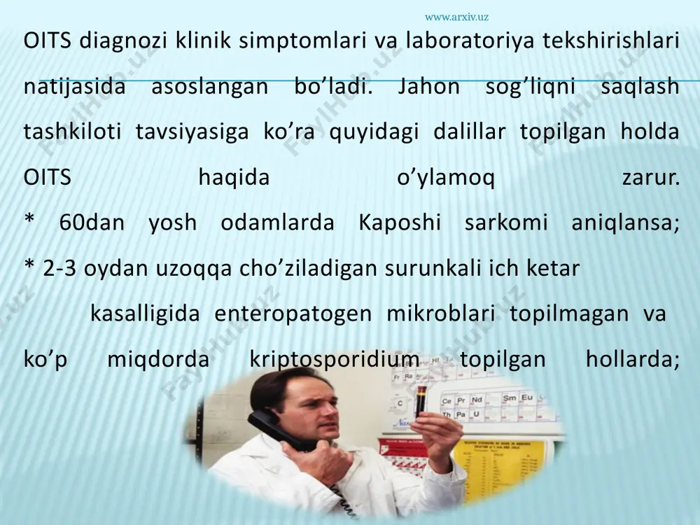 tadbirlar * tibbiyot muassasalari ichida kasallik tarqalib ketishining oldini olish; *qon va qon preparatlarini qabul qilayotgan bemorlarda virus bilan zaharlanishning oldini oilsh tadbirlari; * virus tashuvchilarni aniqlash maqsadida yoppasiga diagnostika tekshiruvidan o’tkazish; * tibbiy muassisalar va o’quv yurtlarida shonch xonalarini tashkil etish; * tibbiy xodimlarning virus bilan zaharlanishining oldini olish; www.arxiv.uz * muolaja postlarini aloxida aptechkalar bilan ta’minlash; * tibbiyot muassasalarida ishonch xonalararo infektsiyalarni oldini olish tadbirlari. * tomirdan giyoxvand moddalarni qabul qiluvchilar bilan alohida tushuntirish ishlarini olib borish; *aholida seksual sohada tarbiyalash; *aholi orasida ma’rifat ishlarini olib borish radio, televideniya, gazeta va jurnallar orqali axborot berish va infektsiyani havo tomchi, mayishiy ovqatlanish orqali yuqmasligini ta’kidlab o’tish. www.arxiv.uz ananim murojat qilgan kishilar testlar yordamida tekshiriladi. buning uchun har bir fuqaro viloyatlardagi oits-markazlariga murojat etishlari mumkin. markazga murojat qilganlar ismini yashirgan holda oits kasaligiga tibbiyot tekshiruvidan o’tishlariga huquq beriladi. agar biror kishida zararlanish aniqlansa va u shaxs mahalliy aholi orasida bo’lsa, …